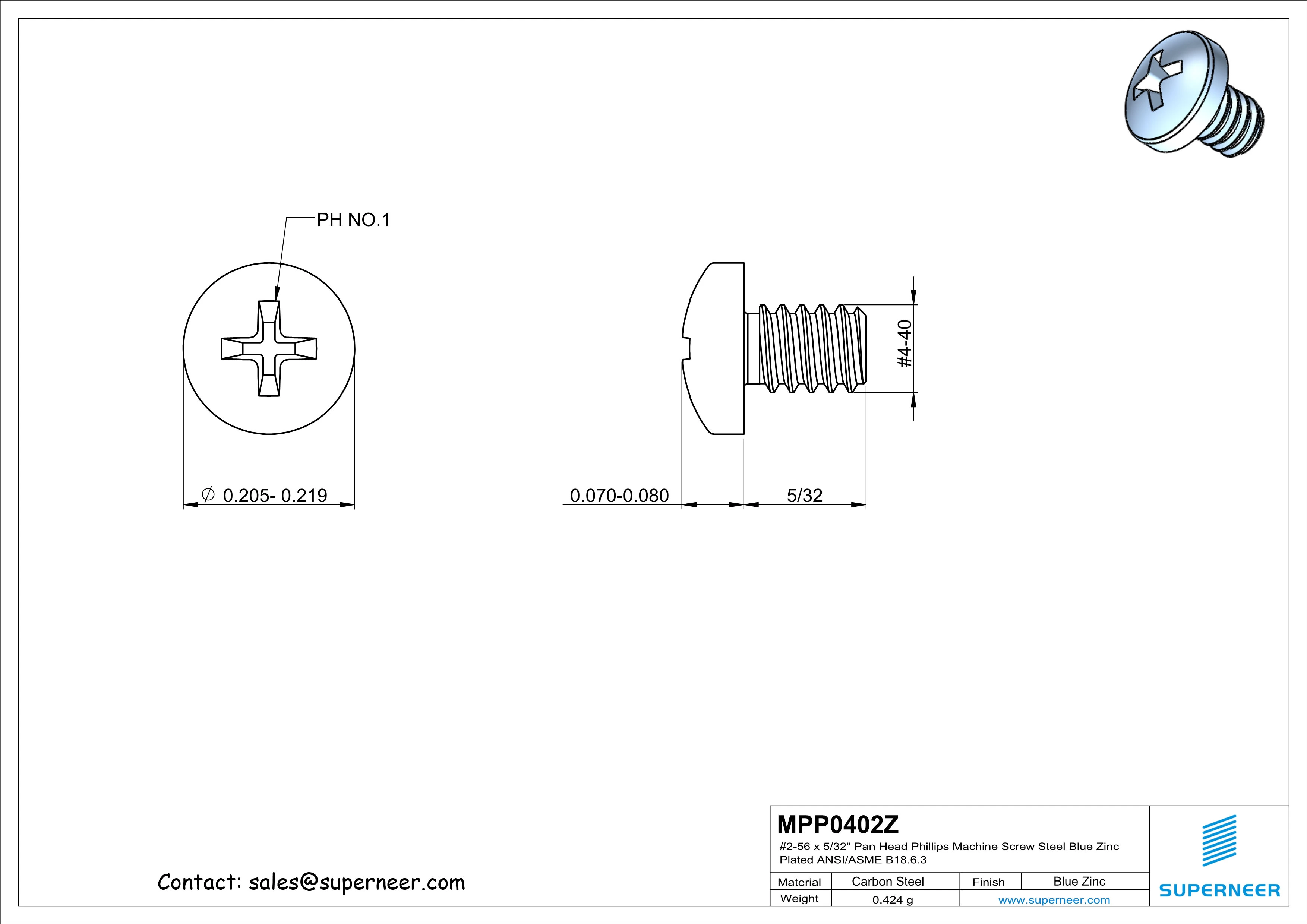 4-40 x 5/32" Pan Head Phillips Machine Screw Steel Blue Zinc Plated ANSI/ASME B18.6.3