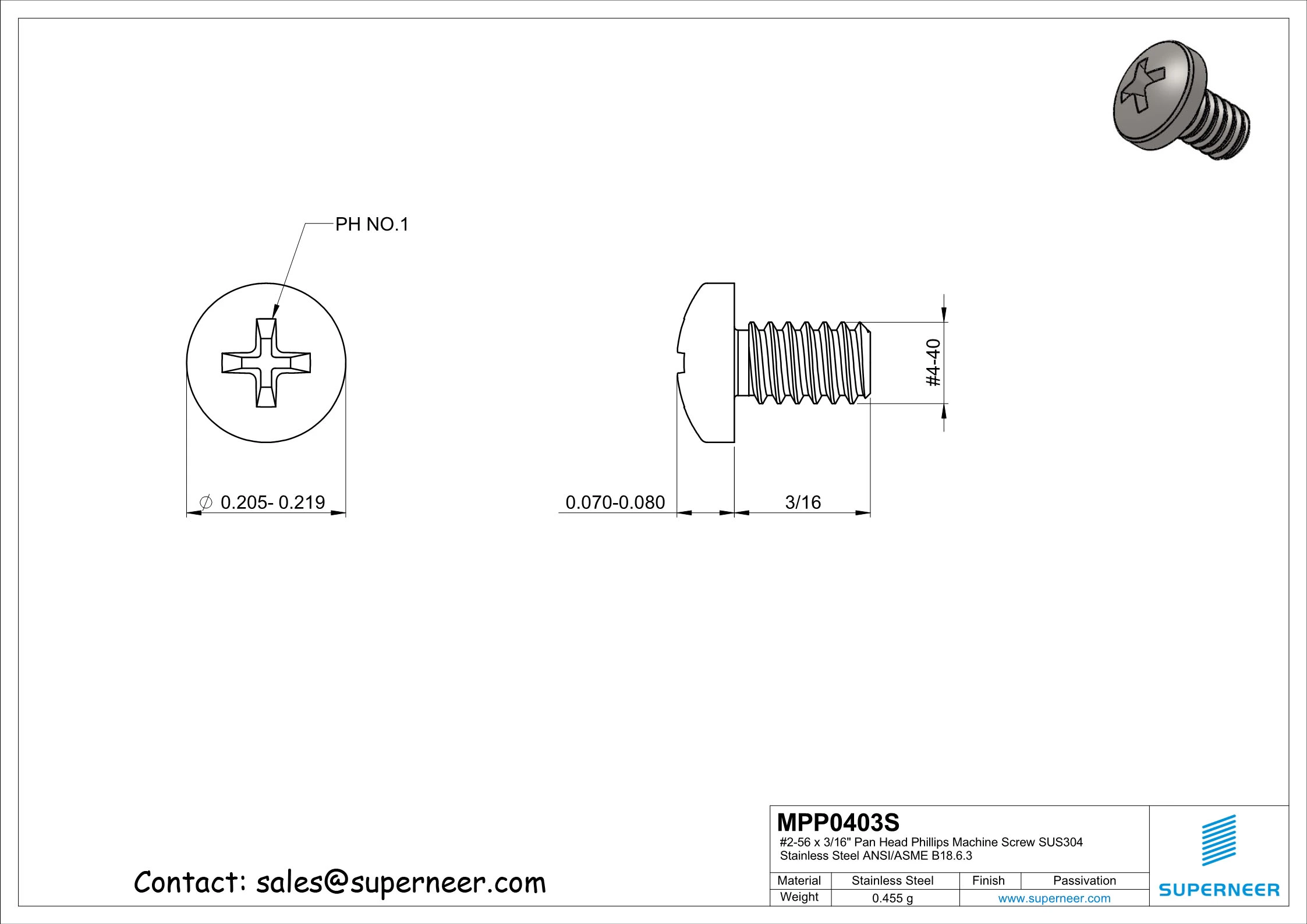 4-40 x 3/16" Pan Head Phillips Machine Screw SUS304 Stainless Steel Inox ANSI/ASME B18.6.3