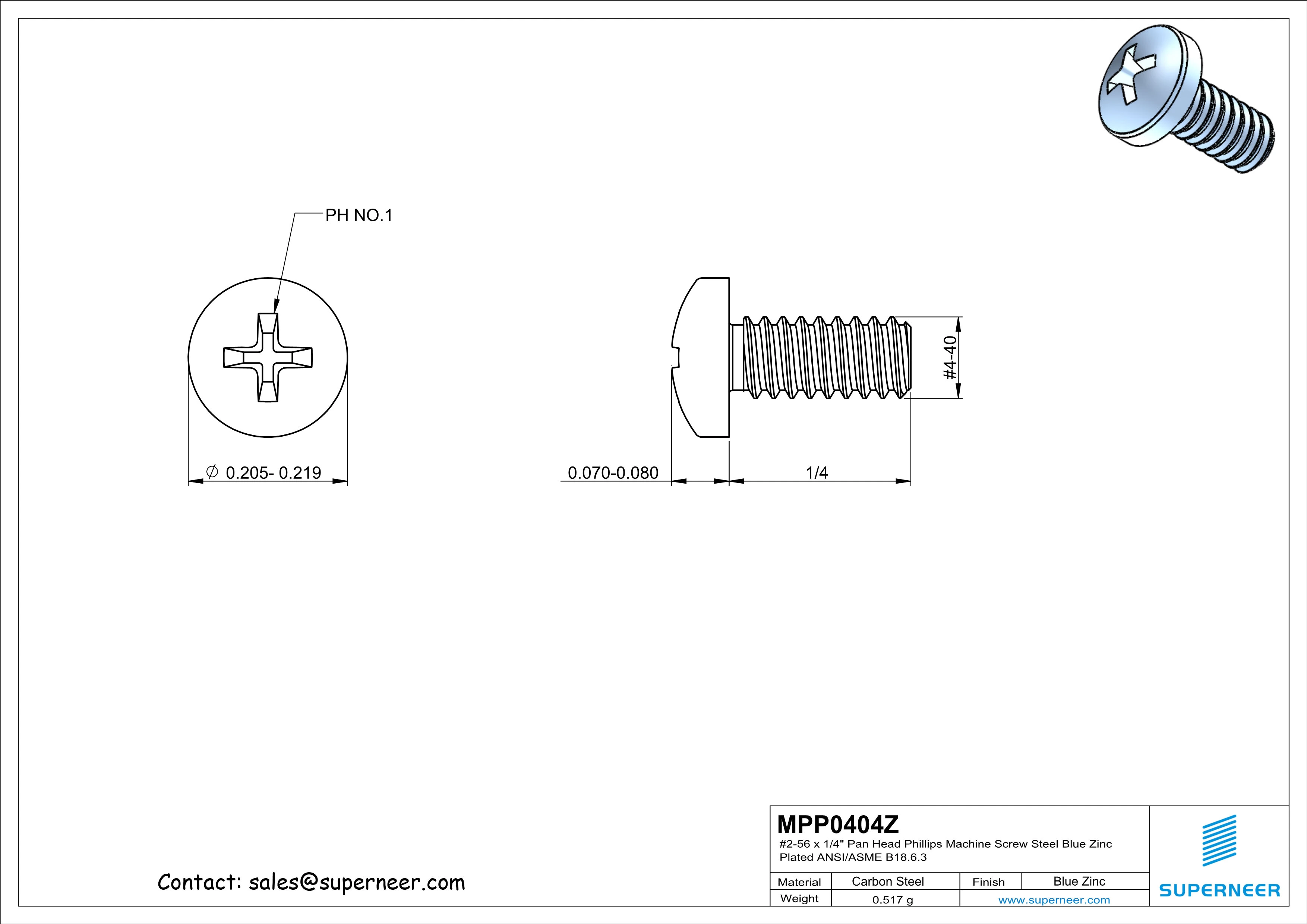 4-40 x 1/4" Pan Head Phillips Machine Screw Steel Blue Zinc Plated ANSI/ASME B18.6.3