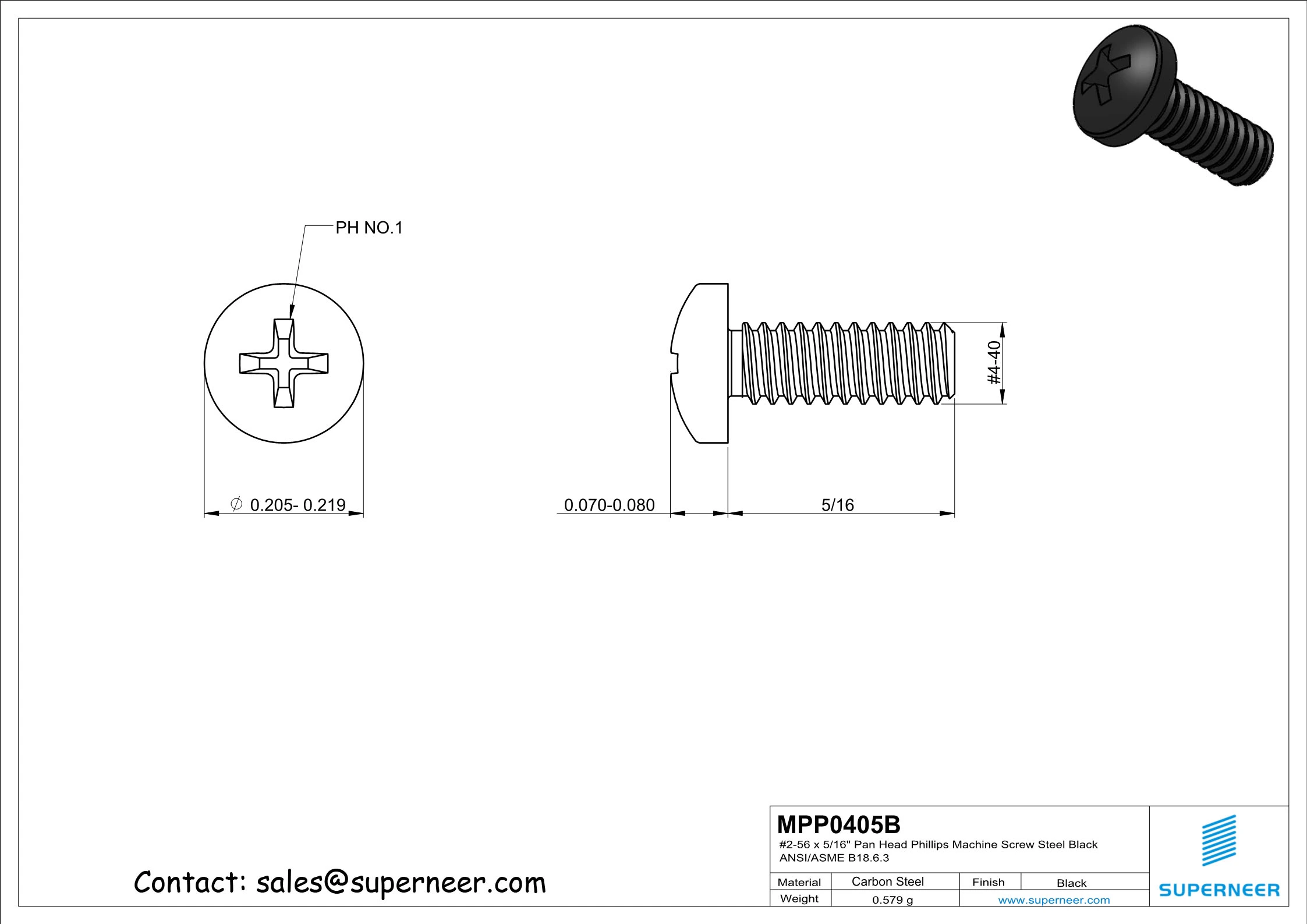 4-40 x 5/16" Pan Head Phillips Machine Screw Steel Black ANSI/ASME B18.6.3