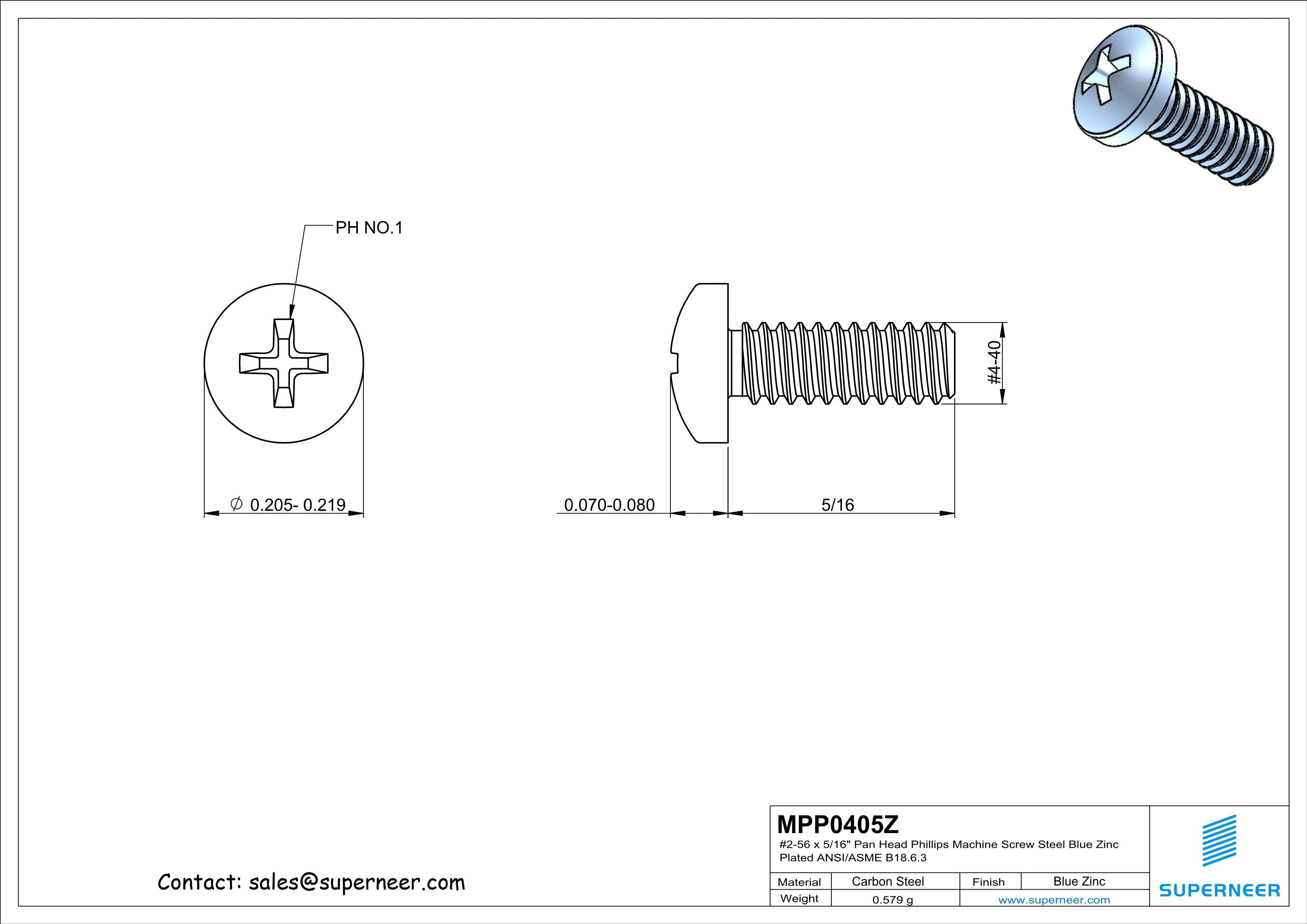 4-40 x 5/16" Pan Head Phillips Machine Screw Steel Blue Zinc Plated ANSI/ASME B18.6.3