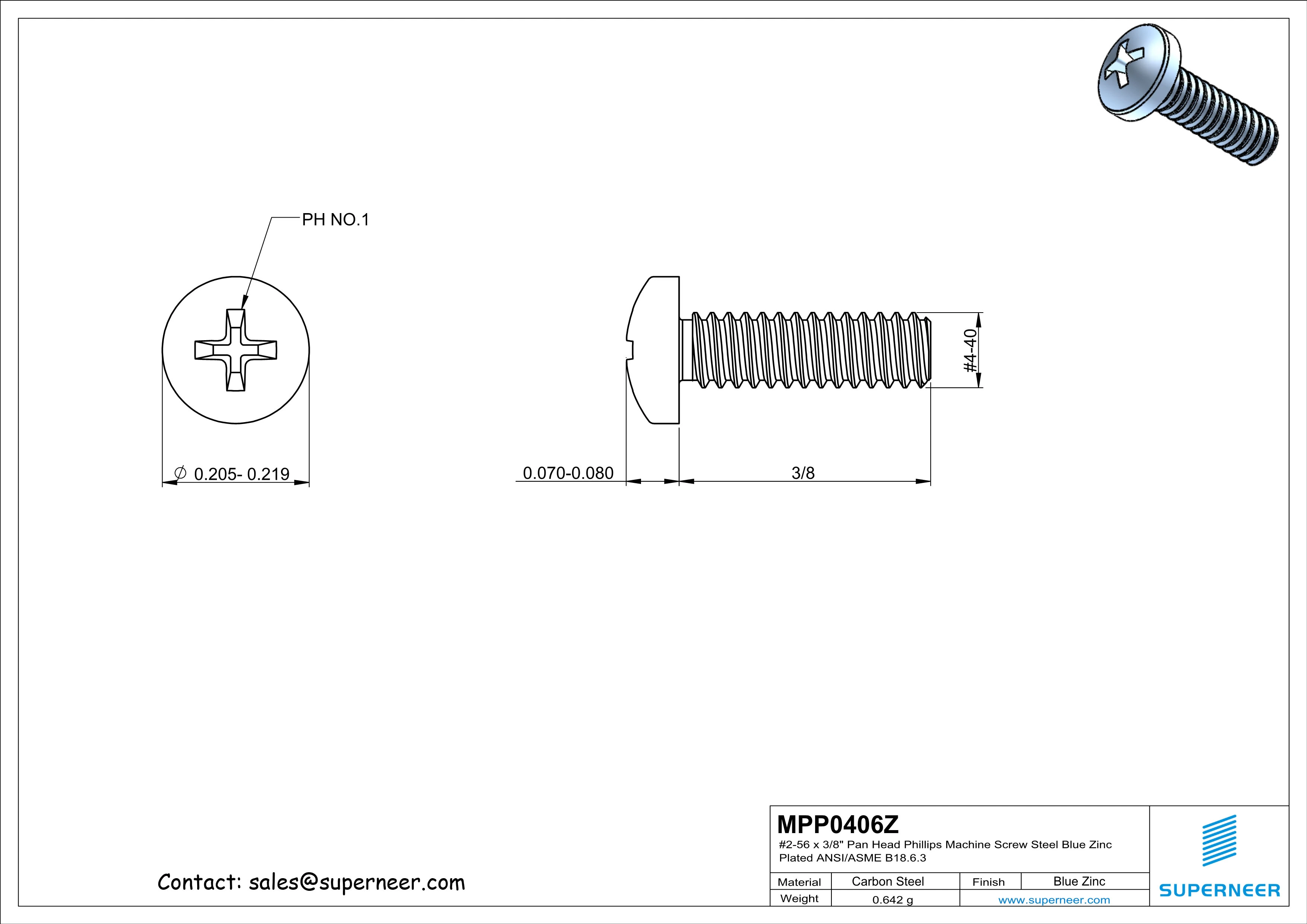 4-40 x 3/8" Pan Head Phillips Machine Screw Steel Blue Zinc Plated ANSI/ASME B18.6.3