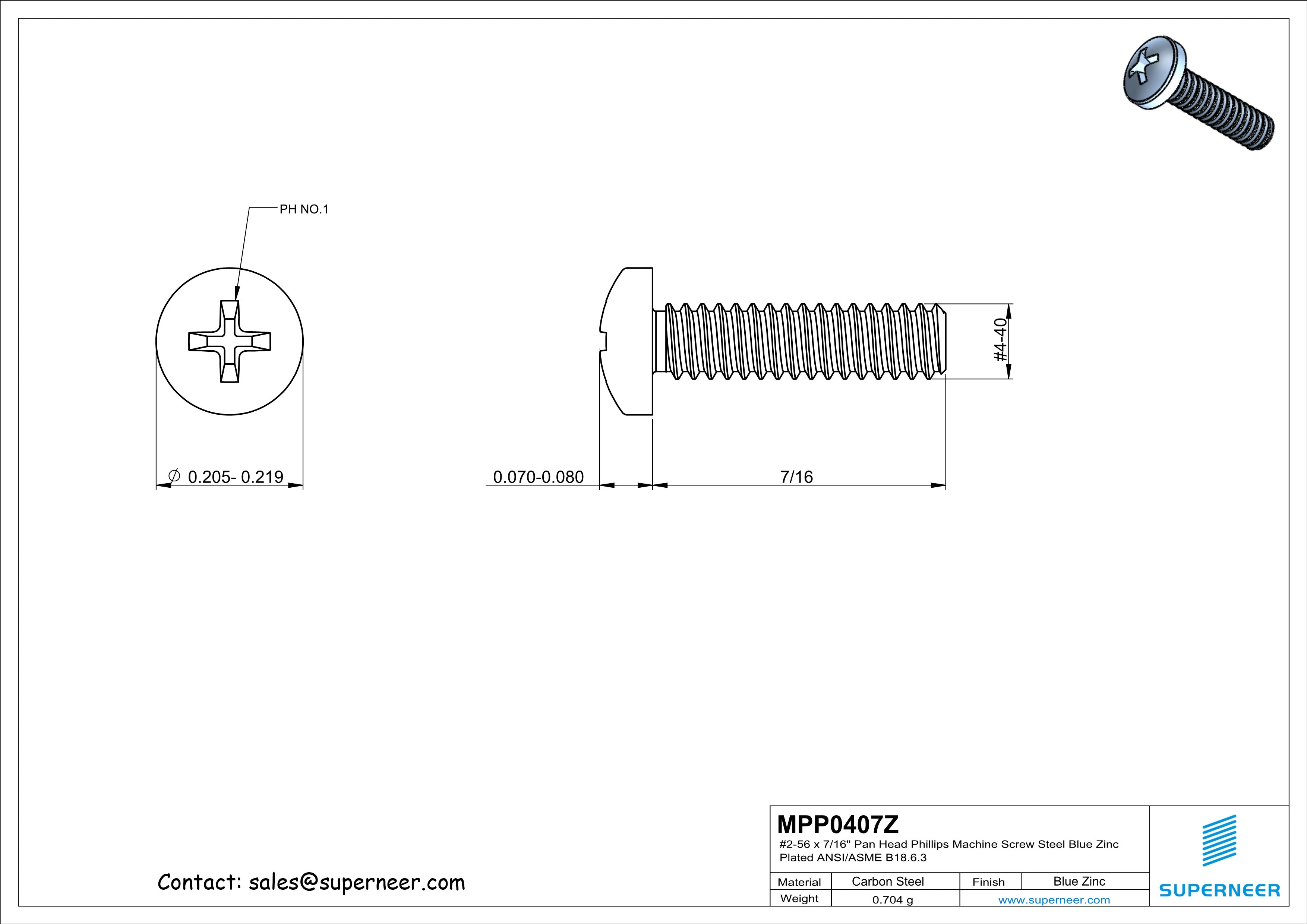 4-40 x 7/16" Pan Head Phillips Machine Screw Steel Blue Zinc Plated ANSI/ASME B18.6.3