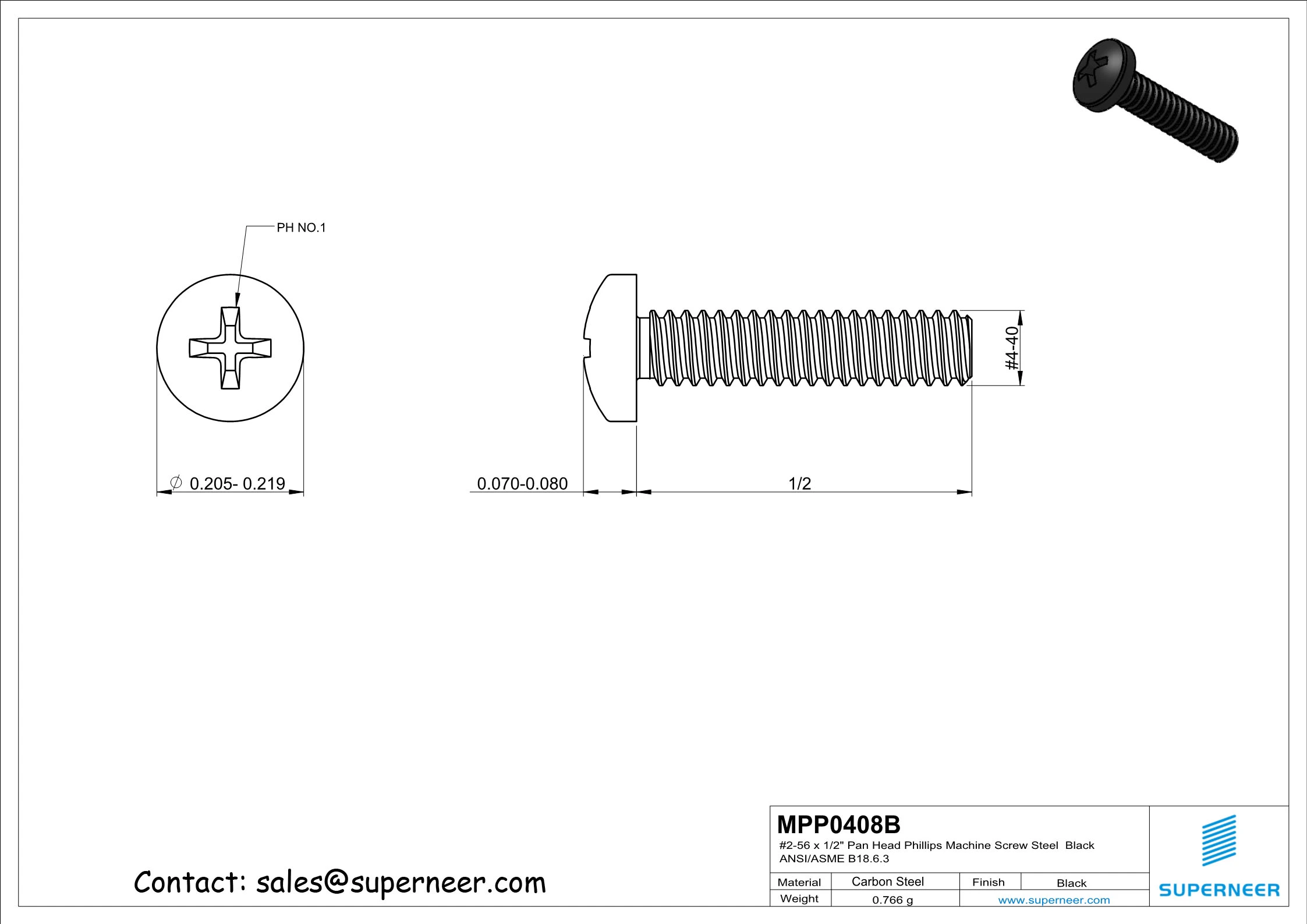 4-40 x 1/2" Pan Head Phillips Machine Screw Steel Black ANSI/ASME B18.6.3