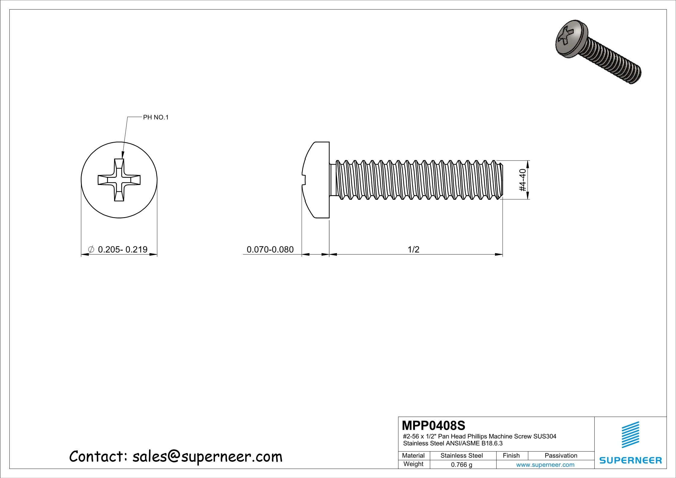 4-40 x 1/2" Pan Head Phillips Machine Screw  SUS304 Stainless Steel Inox  ANSI/ASME B18.6.3