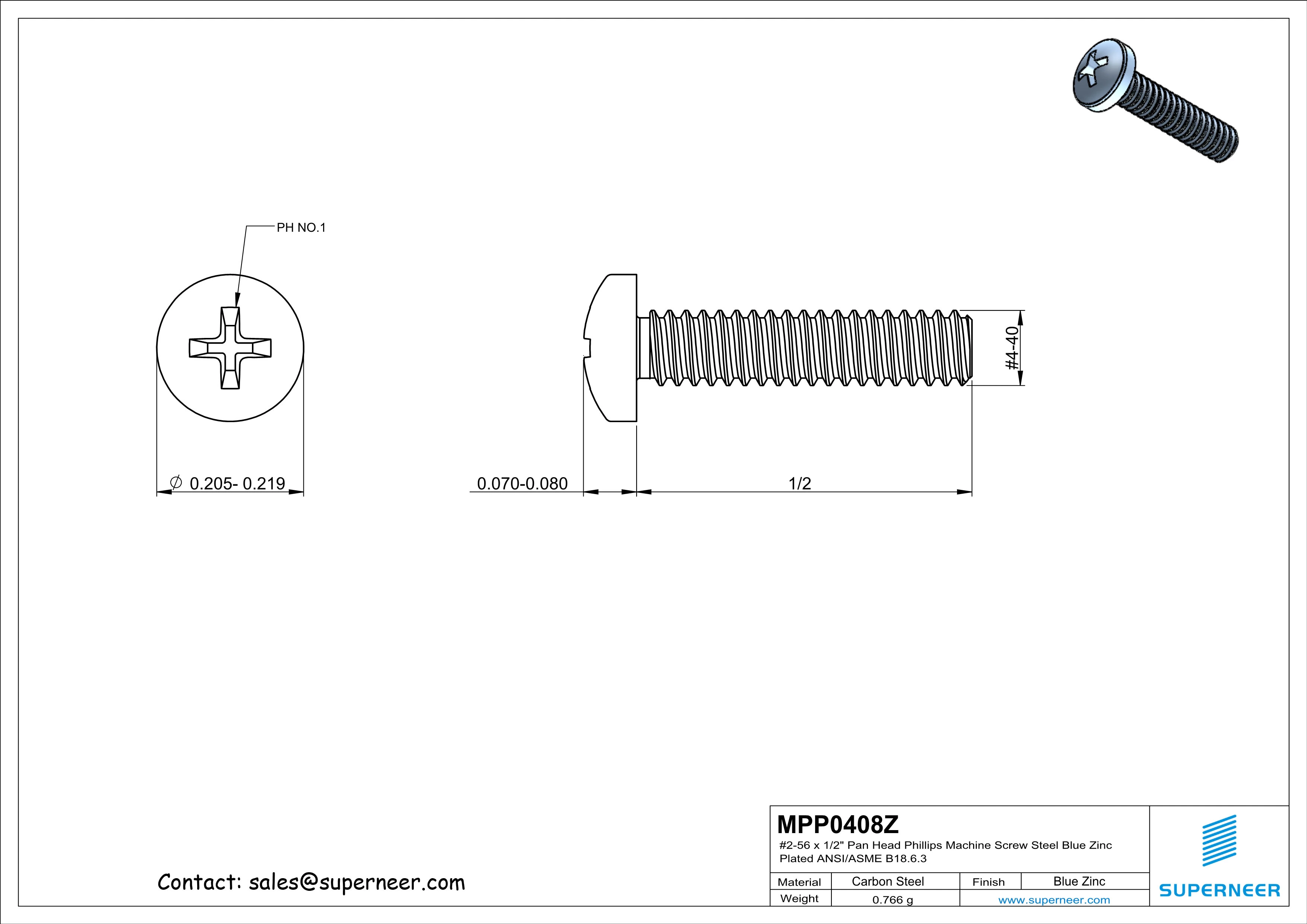 4-40 x 1/2" Pan Head Phillips Machine Screw Steel Blue Zinc Plated ANSI/ASME B18.6.3