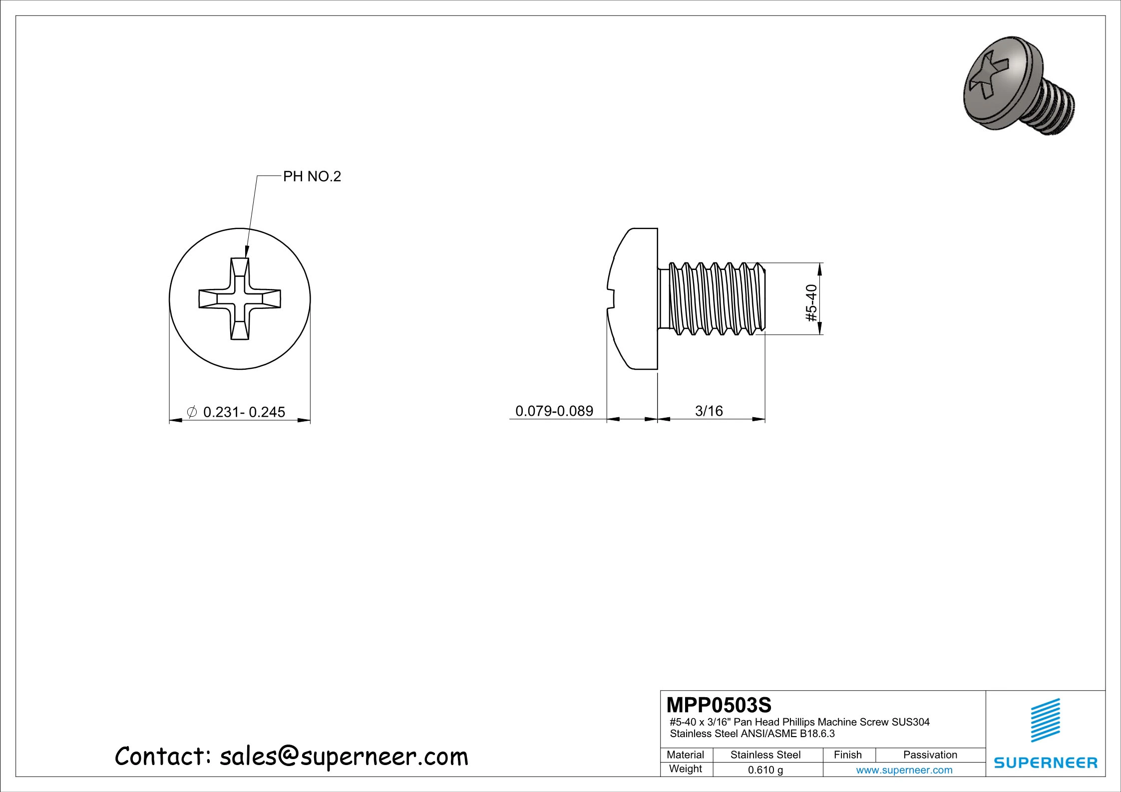 5-40 x 3/16" Pan Head Phillips Machine Screw SUS304 Stainless Steel Inox ANSI/ASME B18.6.3