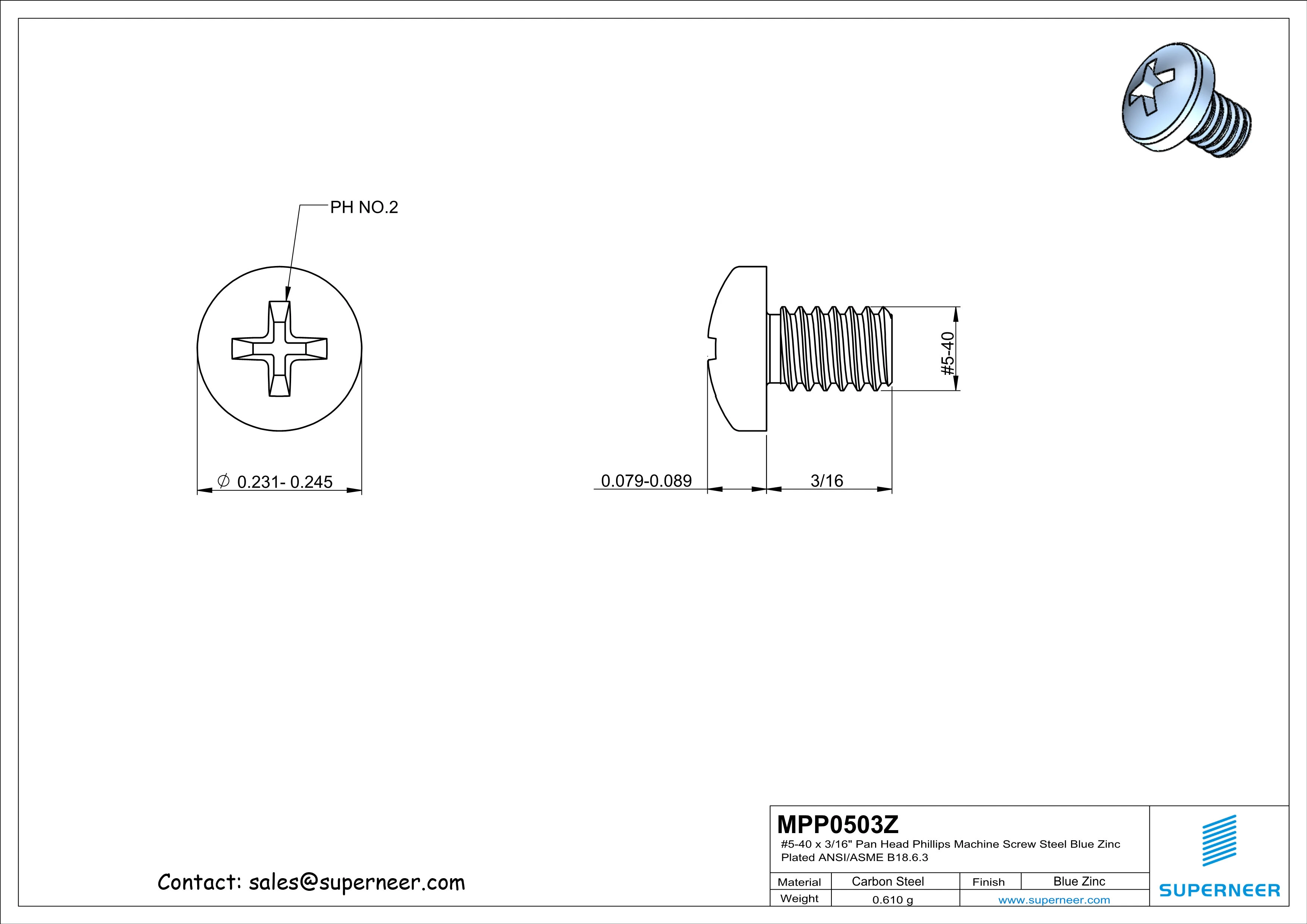 5-40 x 3/16" Pan Head Phillips Machine Screw Steel Blue Zinc Plated ANSI/ASME B18.6.3