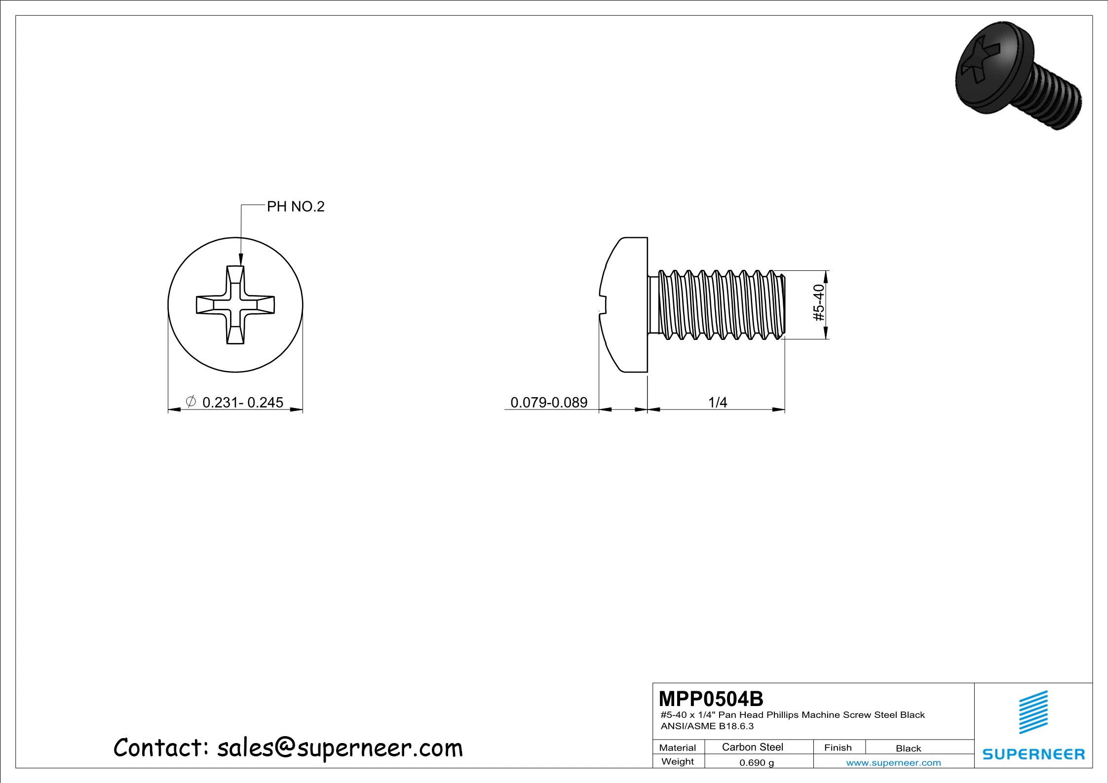 5-40 x 1/4" Pan Head Phillips Machine Screw Steel Black ANSI/ASME B18.6.3