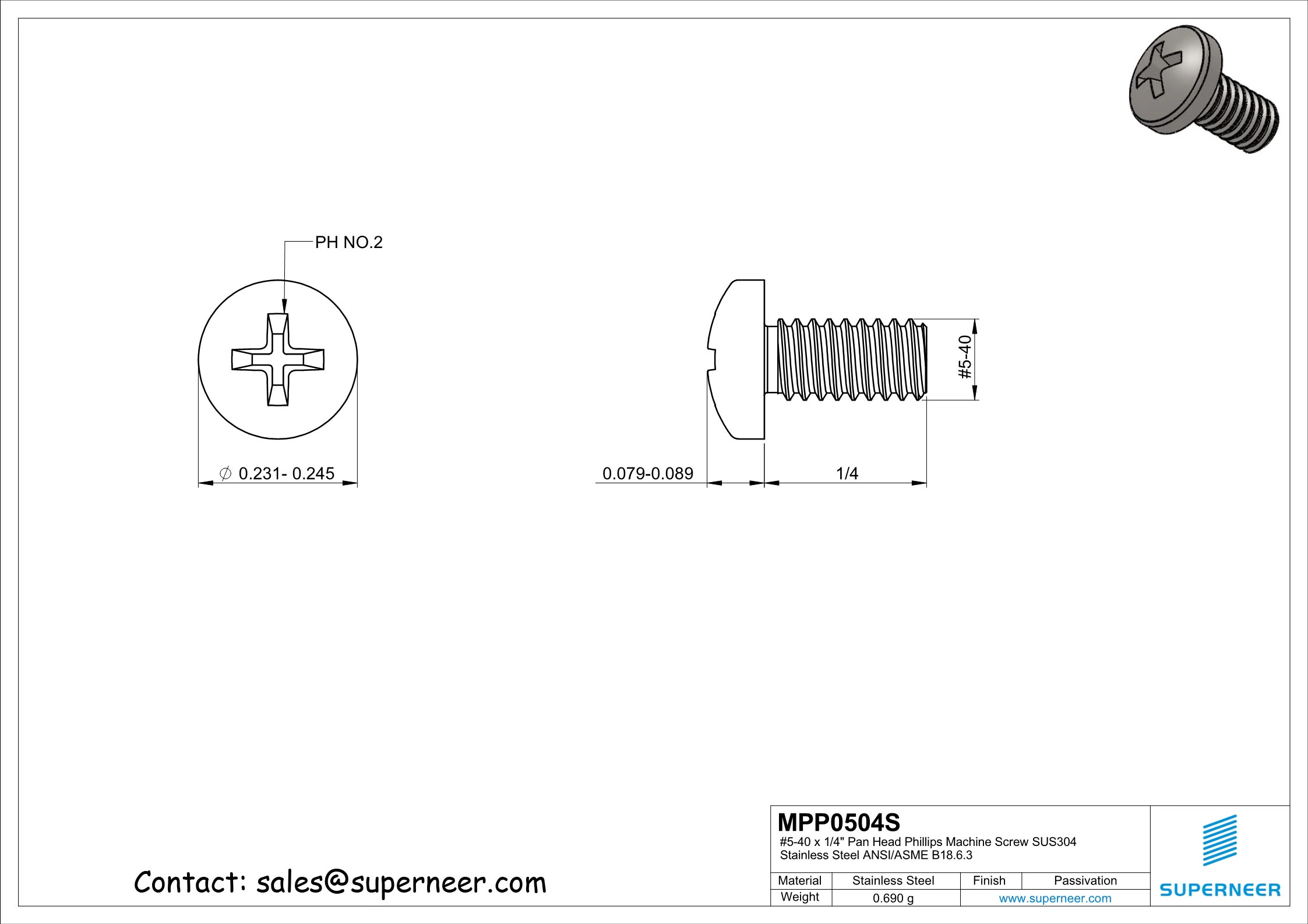 5-40 x 1/4" Pan Head Phillips Machine Screw SUS304 Stainless Steel Inox ANSI/ASME B18.6.3