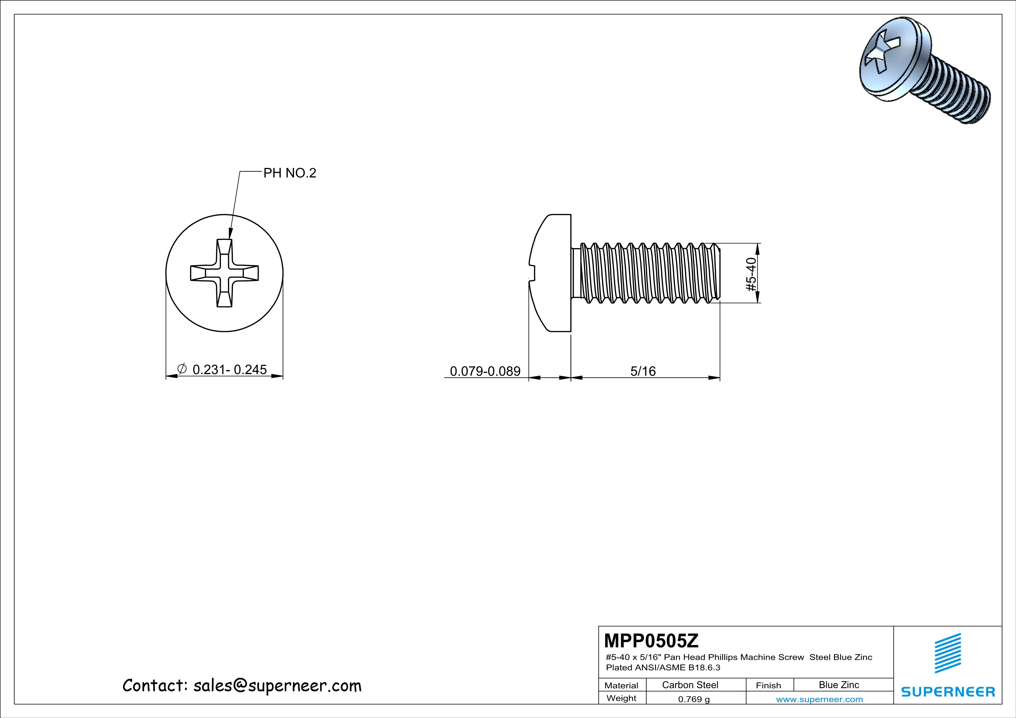 5-40 x 5/16" Pan Head Phillips Machine Screw Steel Blue Zinc Plated ANSI/ASME B18.6.3