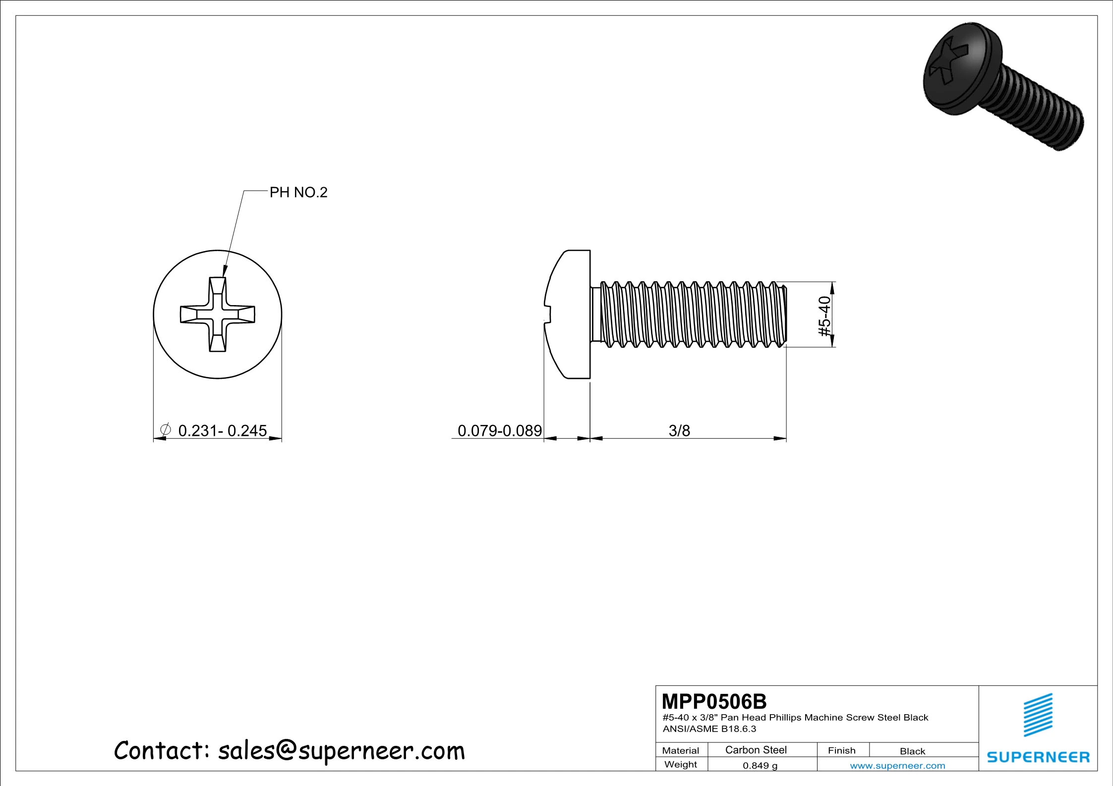 5-40 x 3/8" Pan Head Phillips Machine Screw Steel Black ANSI/ASME B18.6.3