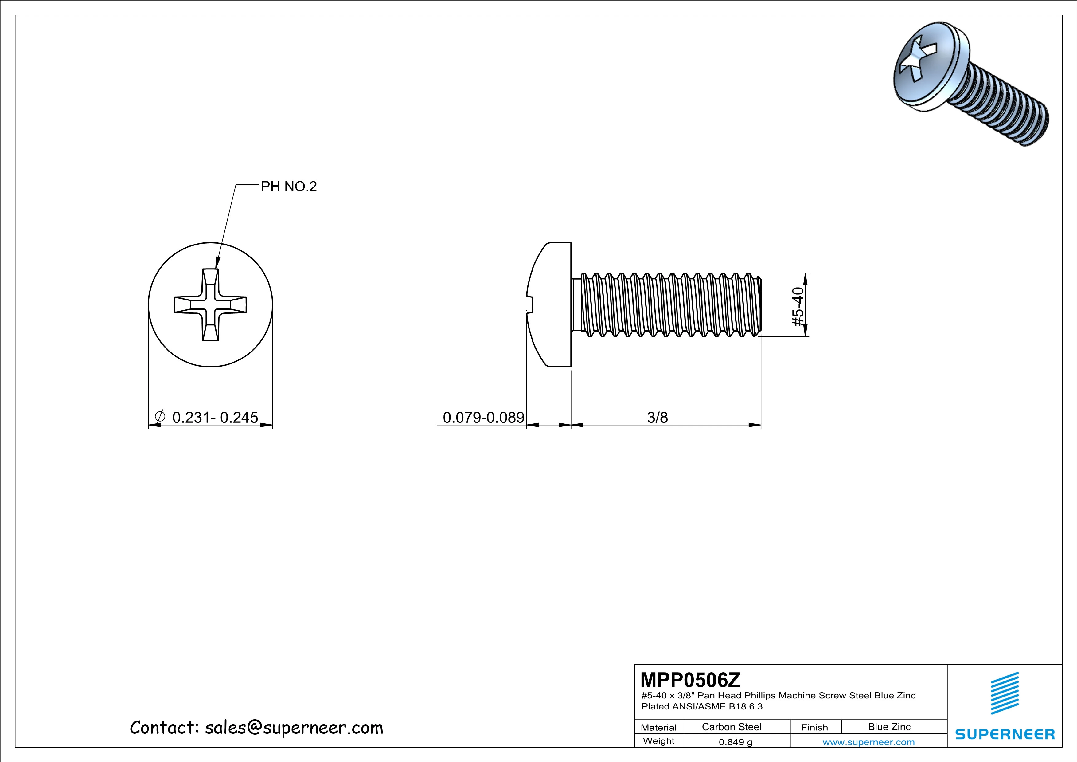 5-40 x 3/8" Pan Head Phillips Machine Screw Steel Blue Zinc Plated ANSI/ASME B18.6.3