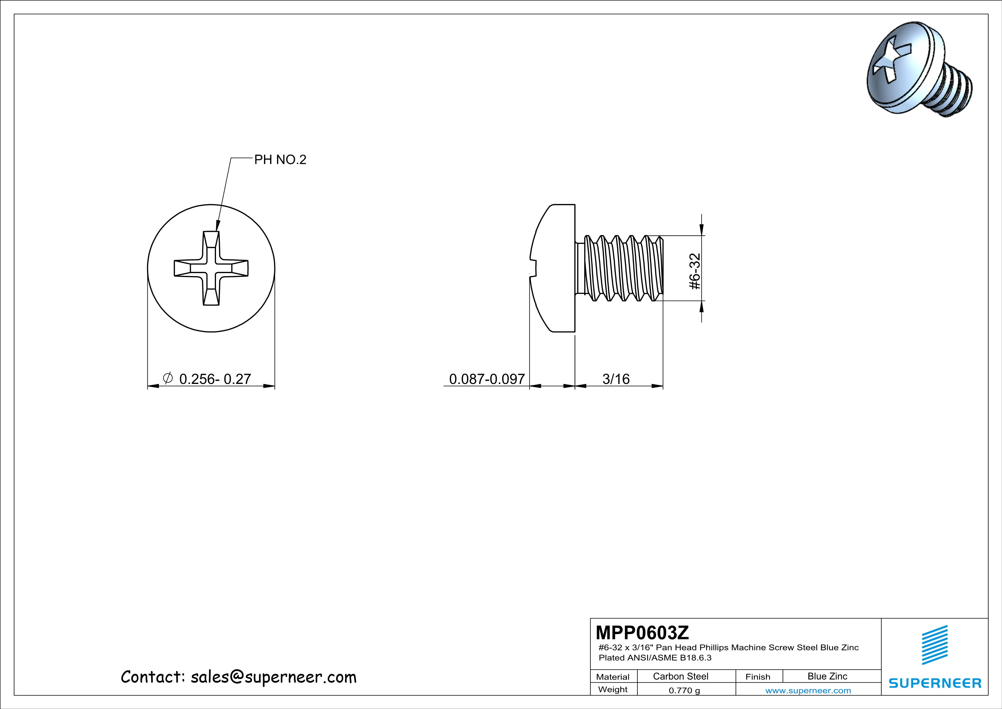 6-32 x 3/16" Pan Head Phillips Machine Screw Steel Blue Zinc Plated ANSI/ASME B18.6.3