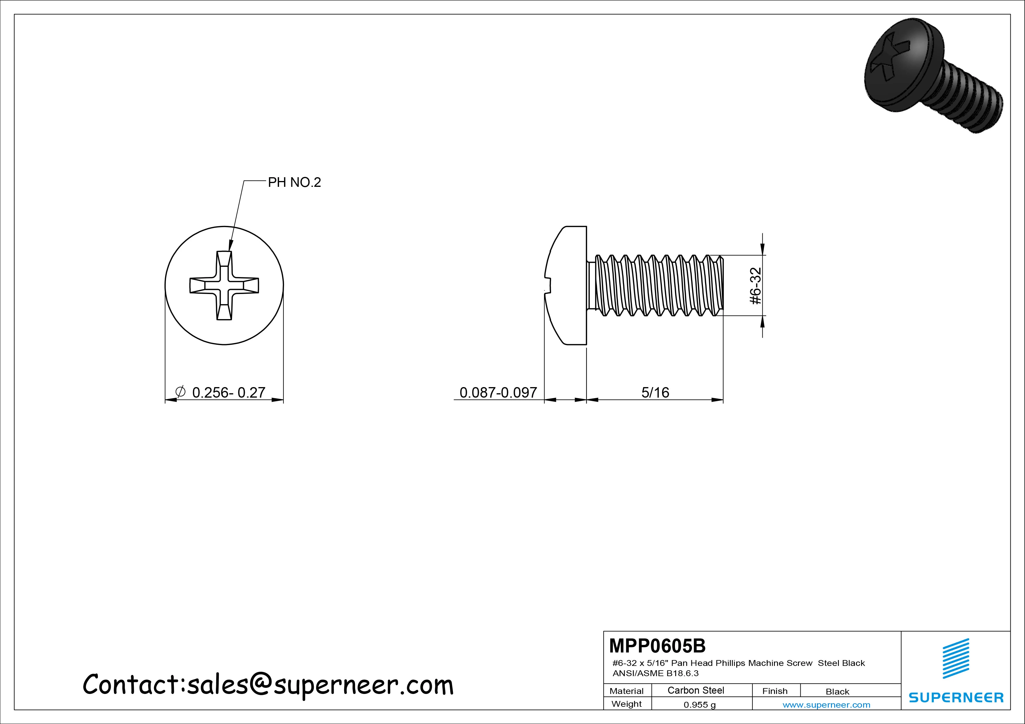 6-32 x 5/16" Pan Head Phillips Machine Screw Steel Black ANSI/ASME B18.6.3