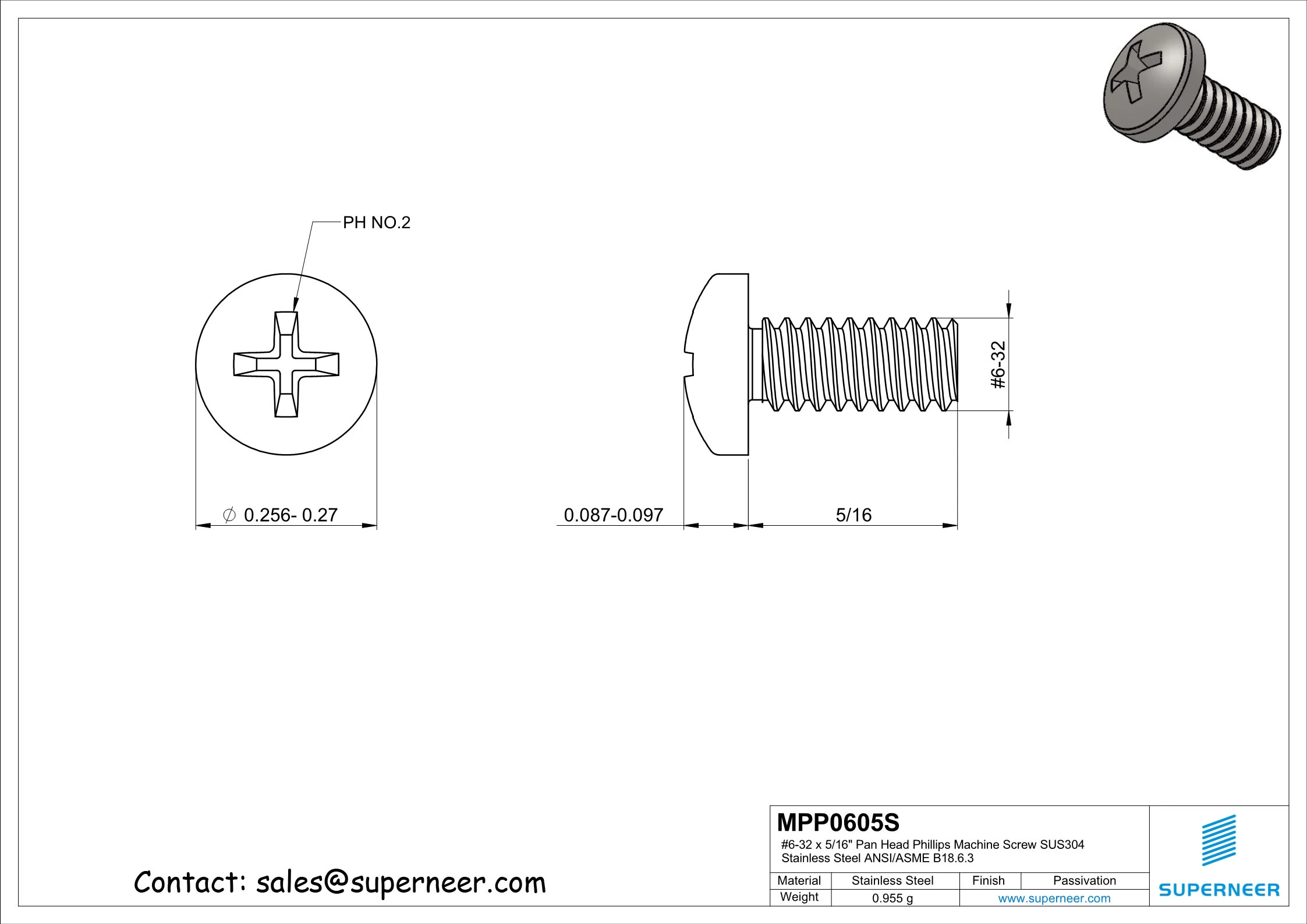 6-32 x 5/16" Pan Head Phillips Machine Screw SUS304 Stainless Steel Inox ANSI/ASME B18.6.3