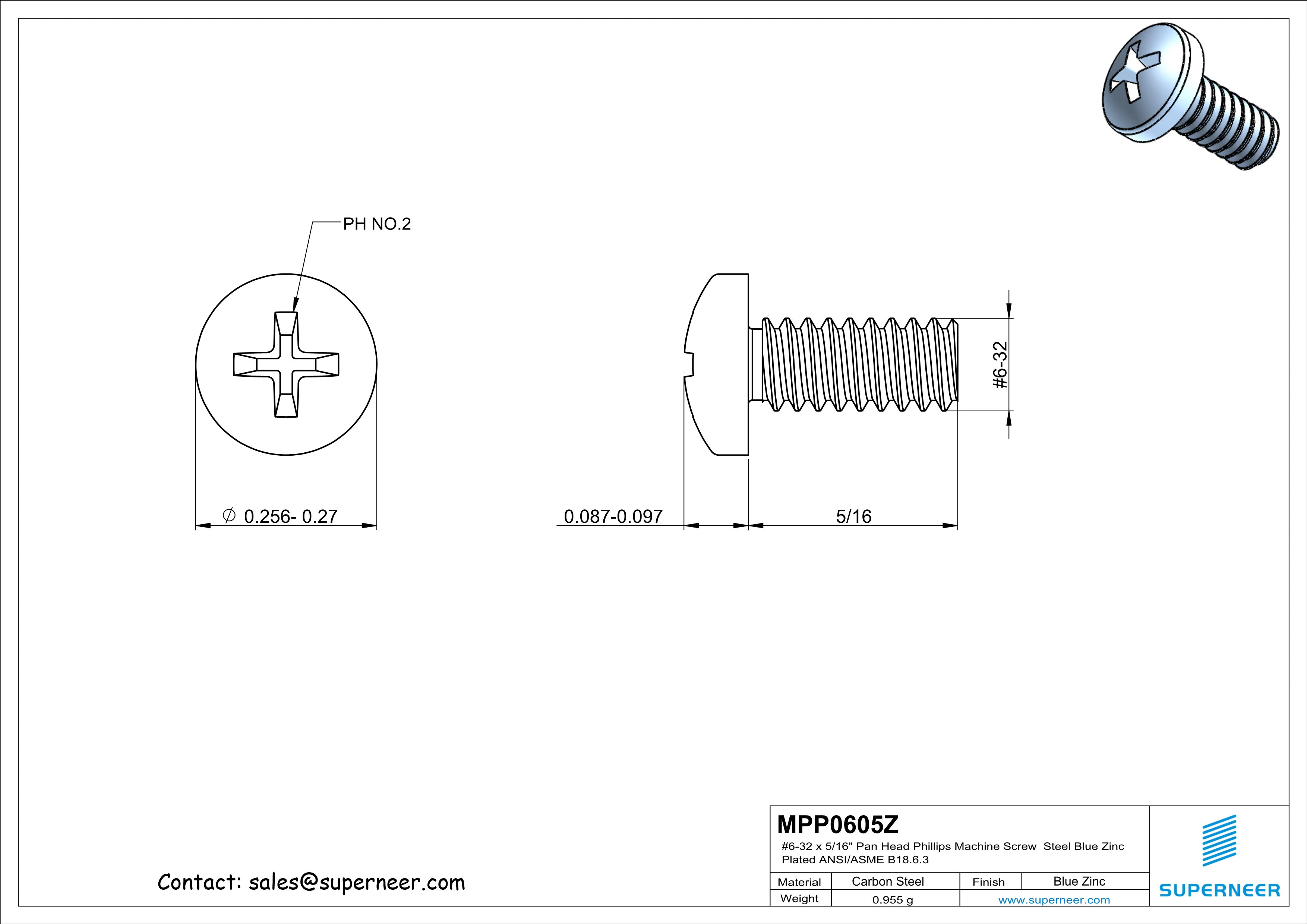 6-32 x 5/16" Pan Head Phillips Machine Screw Steel Blue Zinc Plated ANSI/ASME B18.6.3