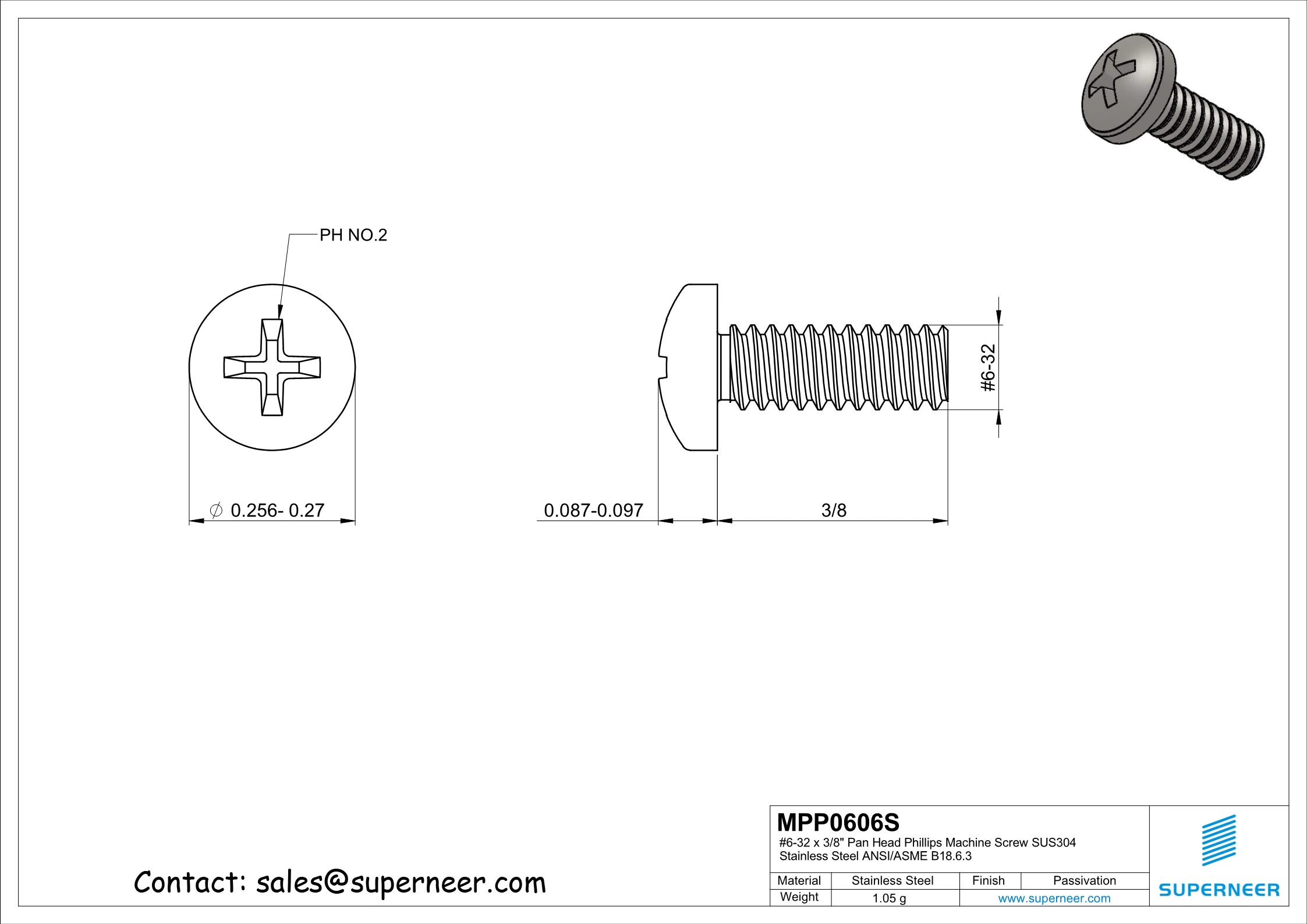 6-32 x 3/8" Pan Head Phillips Machine Screw SUS304 Stainless Steel Inox ANSI/ASME B18.6.3