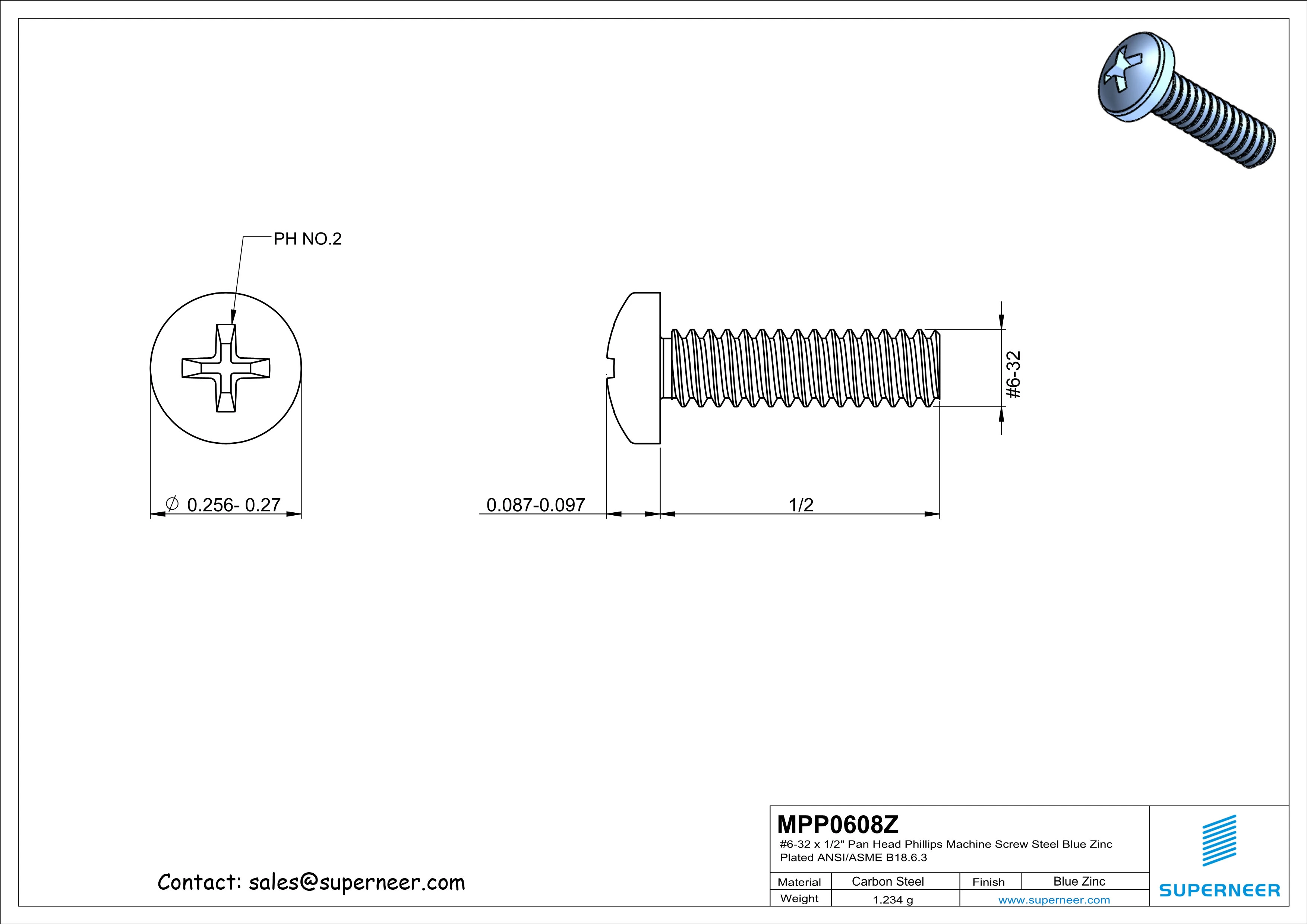 6-32 x 1/2" Pan Head Phillips Machine Screw Steel Blue Zinc Plated ANSI/ASME B18.6.3