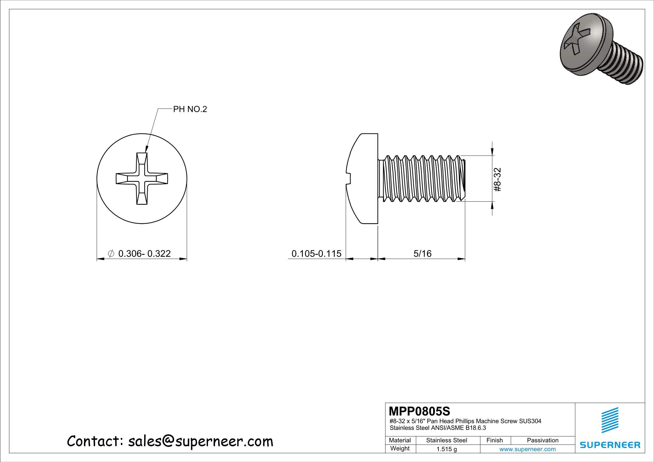 8-32 x 5/16" Pan Head Phillips Machine Screw SUS304 Stainless Steel Inox ANSI/ASME B18.6.3