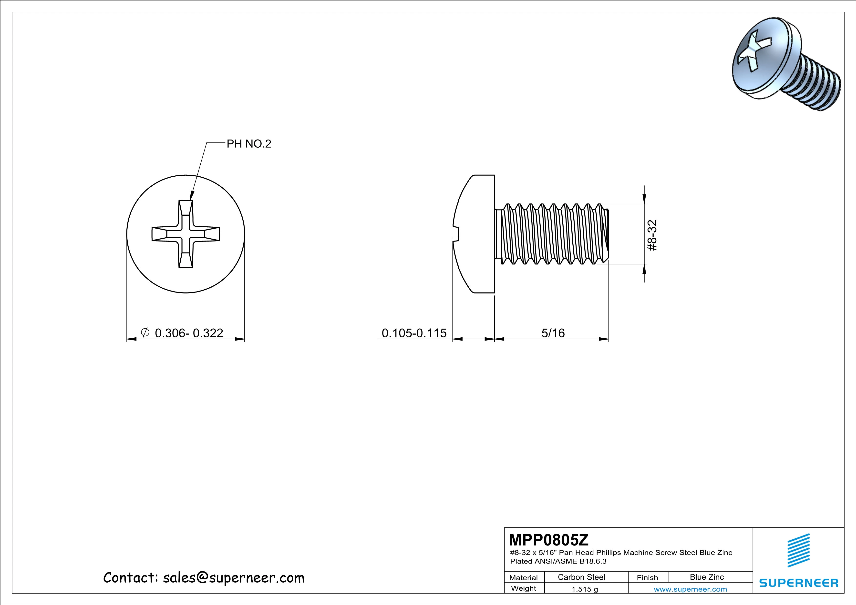 8-32 x 5/16" Pan Head Phillips Machine Screw Steel Blue Zinc Plated ANSI/ASME B18.6.3