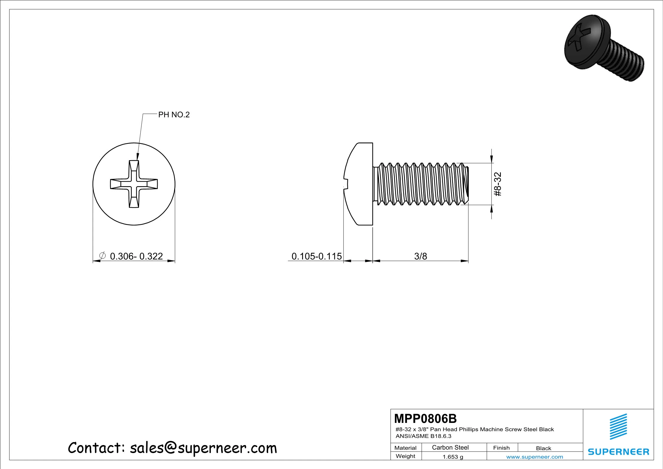 8-32 x 3/8" Pan Head Phillips Machine Screw Steel Black ANSI/ASME B18.6.3