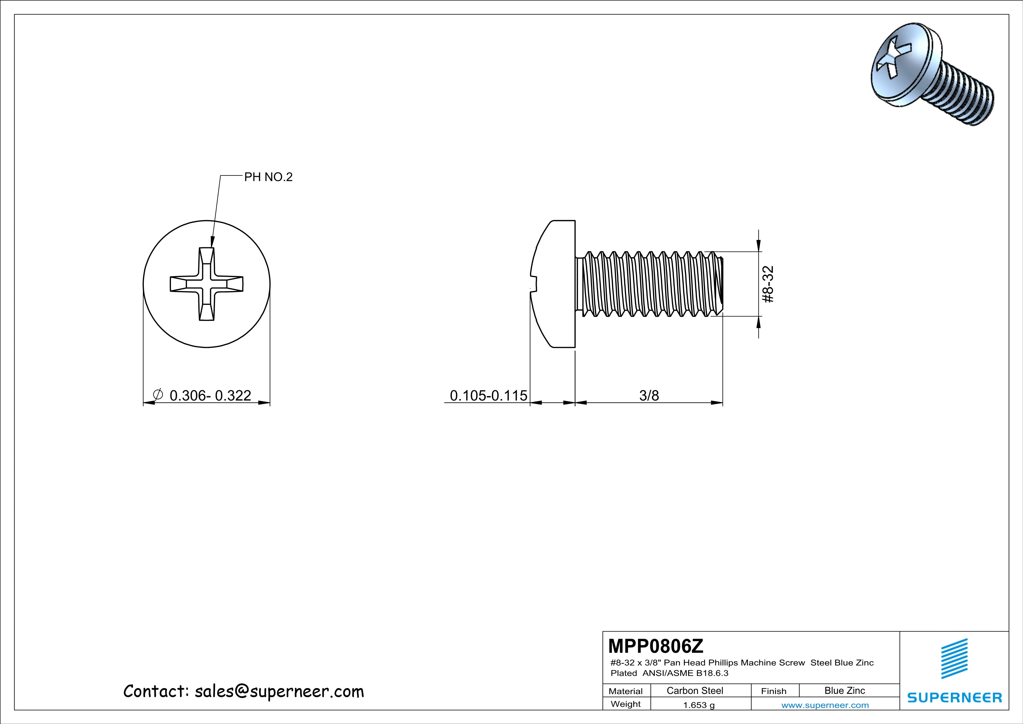 8-32 x 3/8" Pan Head Phillips Machine Screw Steel Blue Zinc Plated ANSI/ASME B18.6.3