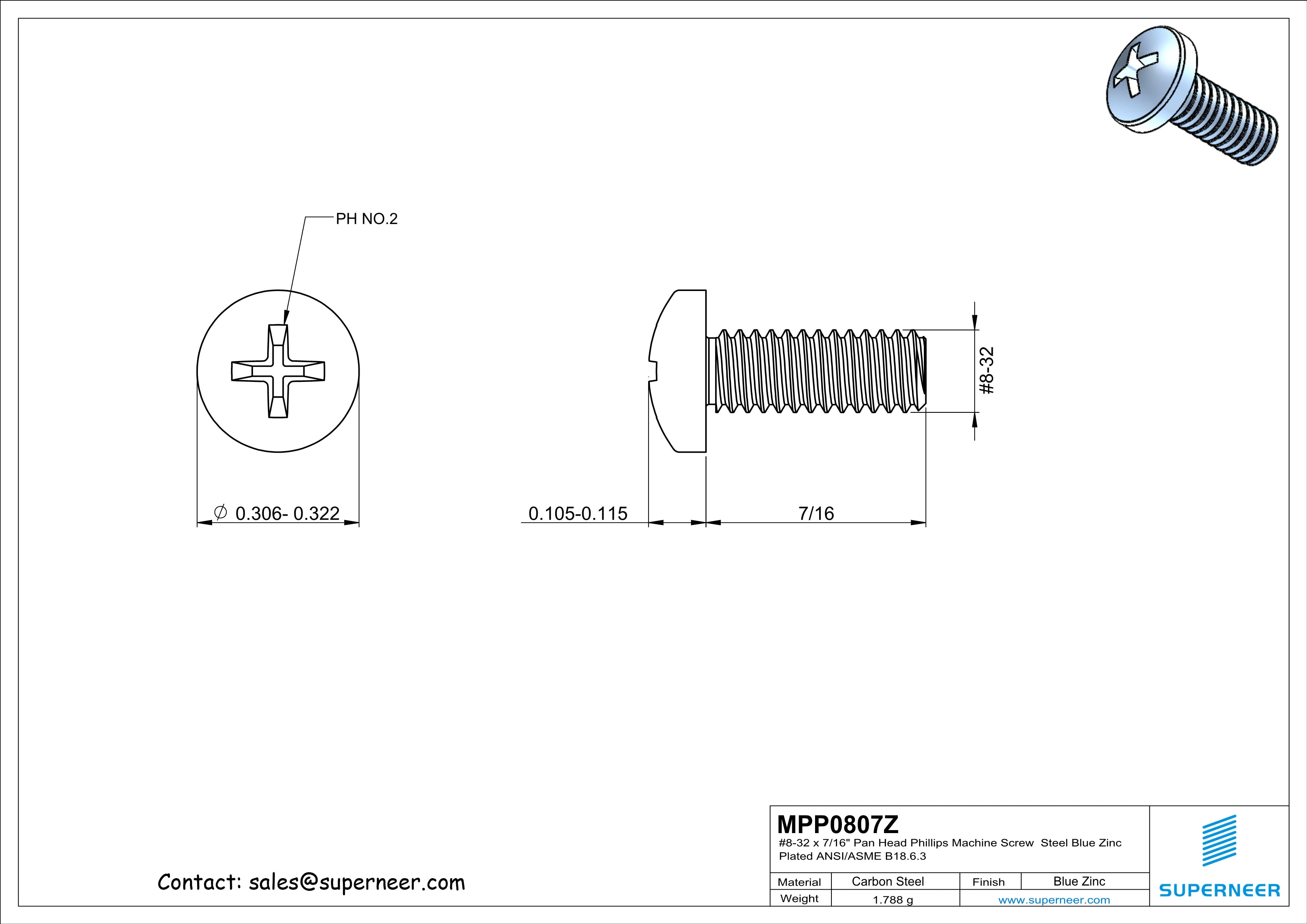 8-32 x 7/16" Pan Head Phillips Machine Screw Steel Blue Zinc Plated ANSI/ASME B18.6.3