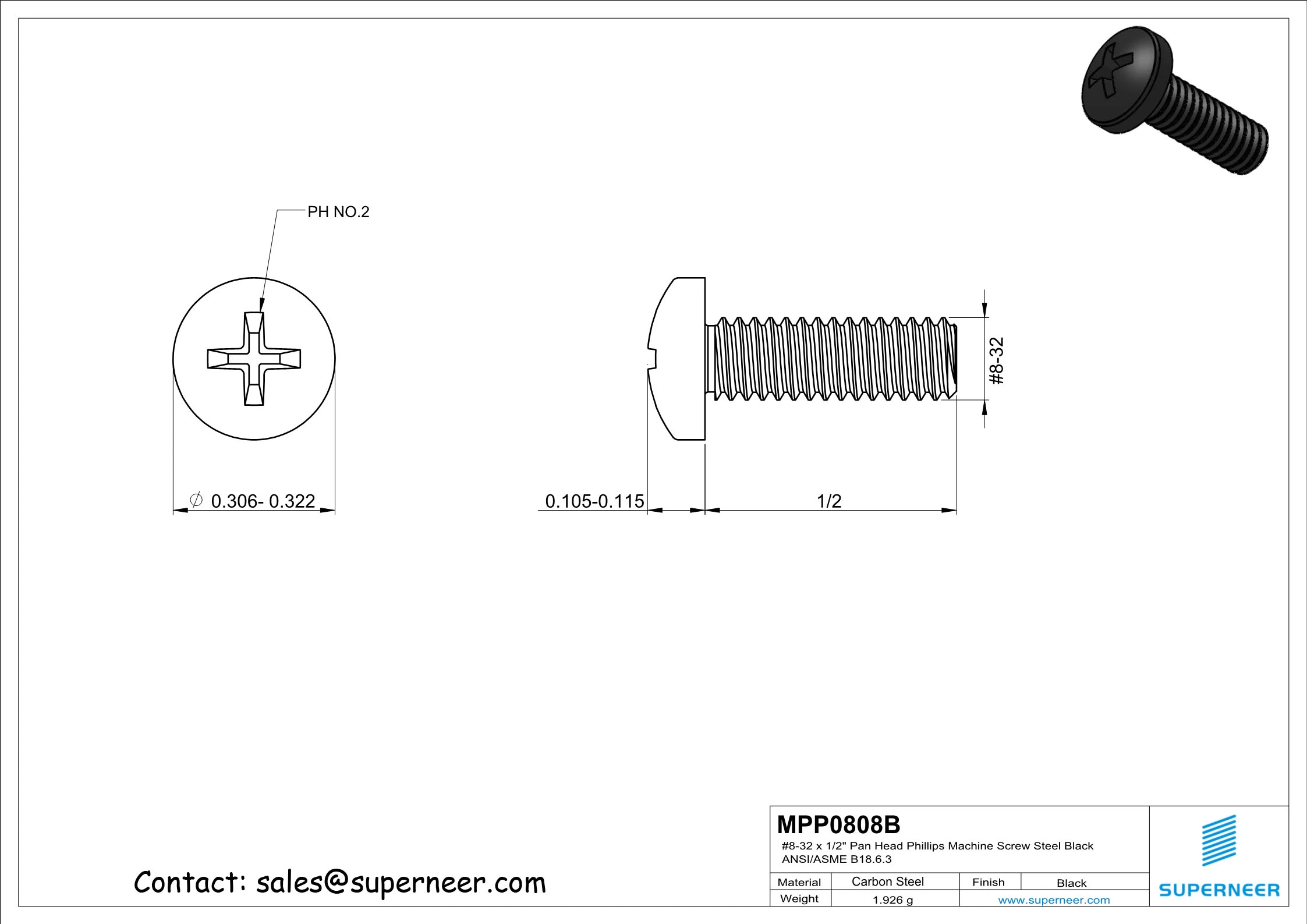 8-32 x 1/2" Pan Head Phillips Machine Screw Steel Black ANSI/ASME B18.6.3