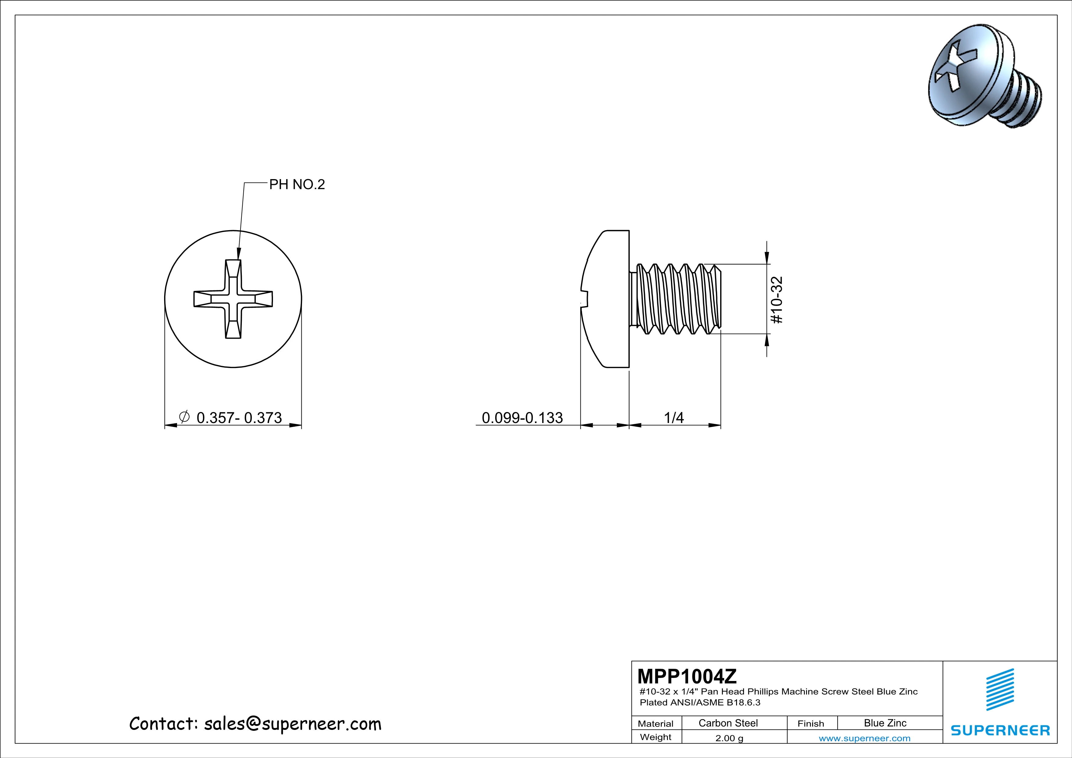 10-32 x 1/4" Pan Head Phillips Machine Screw Steel Blue Zinc Plated ANSI/ASME B18.6.3