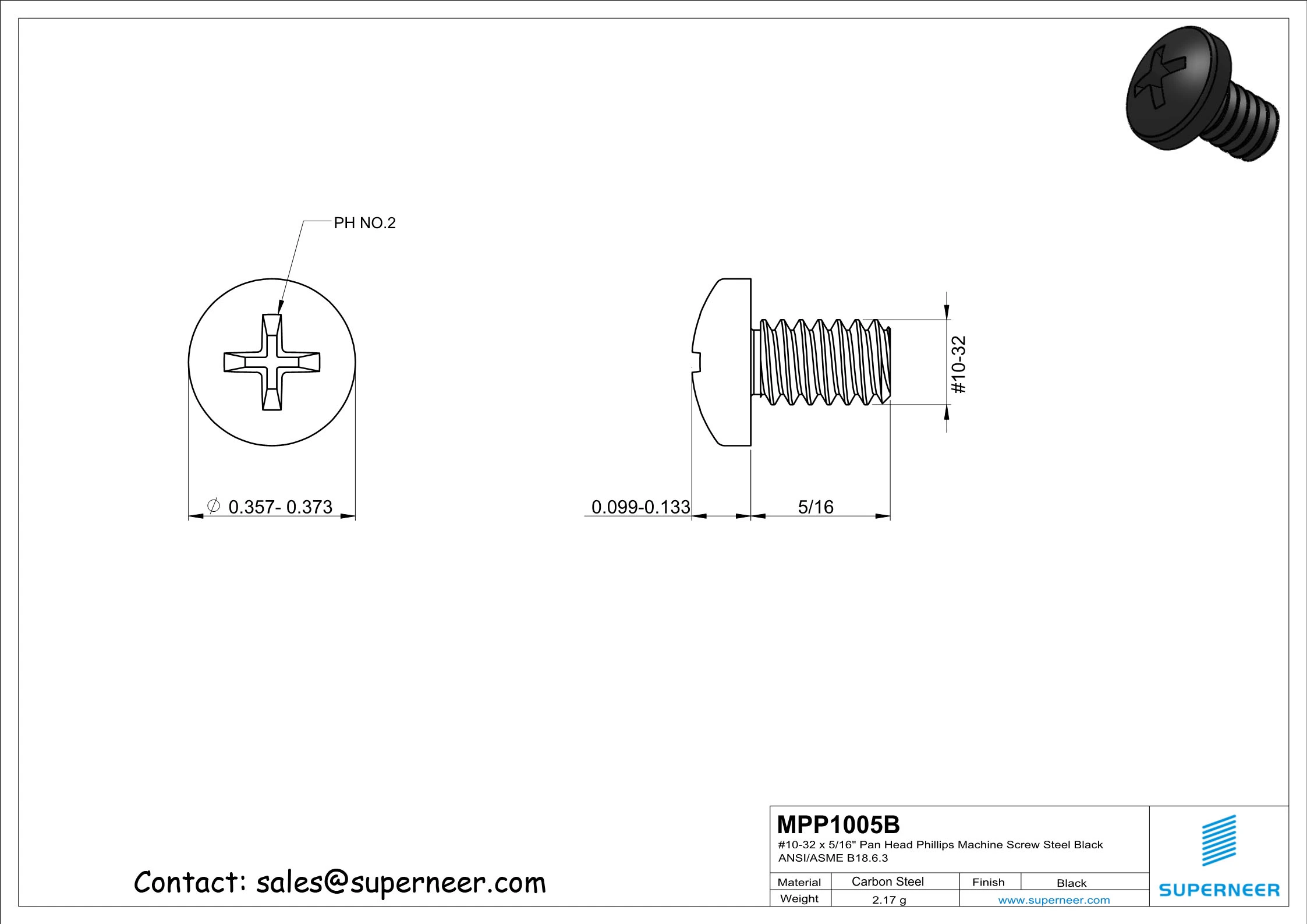 10-32 x 5/16" Pan Head Phillips Machine Screw Steel Black ANSI/ASME B18.6.3