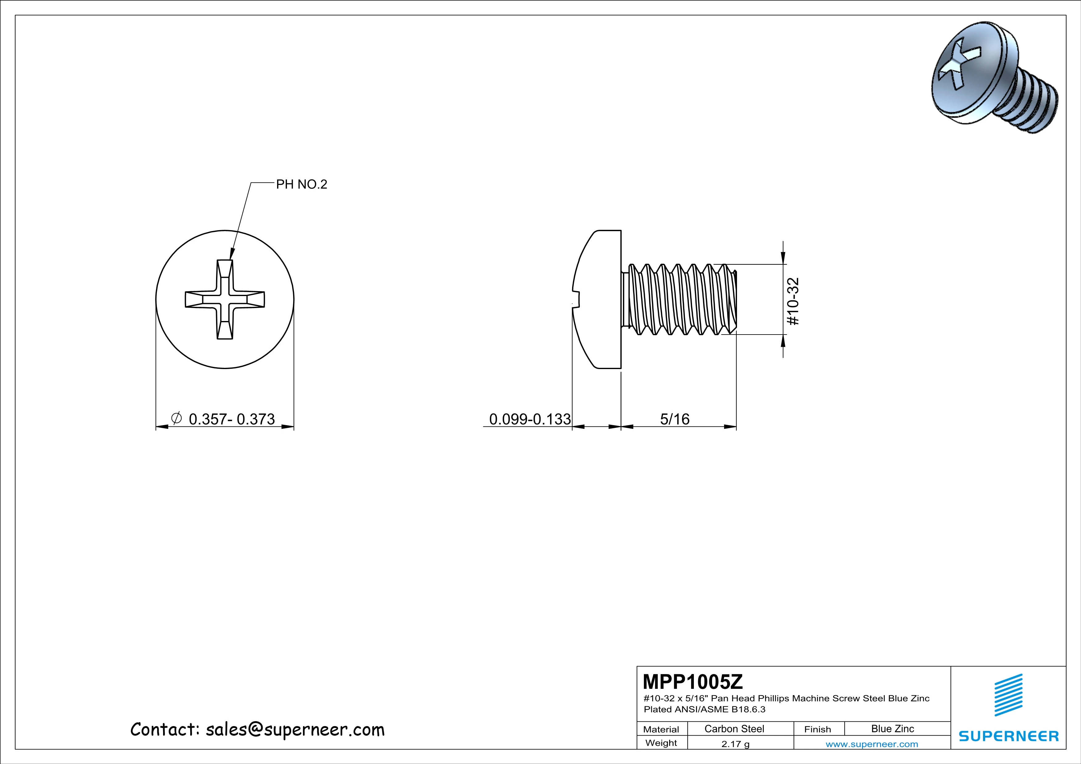 10-32 x 5/16" Pan Head Phillips Machine Screw Steel Blue Zinc Plated ANSI/ASME B18.6.3