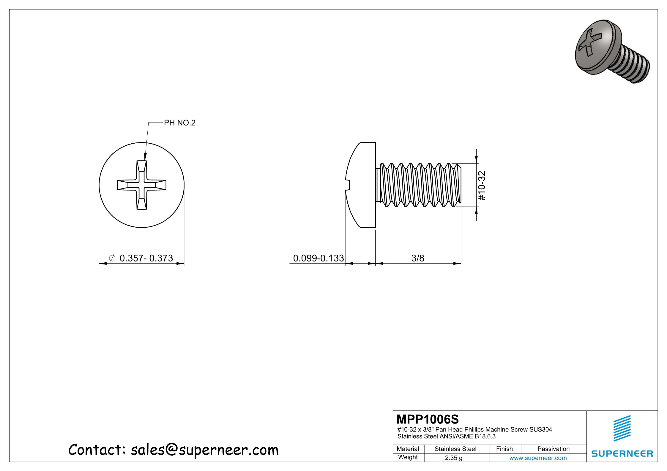 10-32 x 3/8" Pan Head Phillips Machine Screw SUS304 Stainless Steel Inox ANSI/ASME B18.6.3