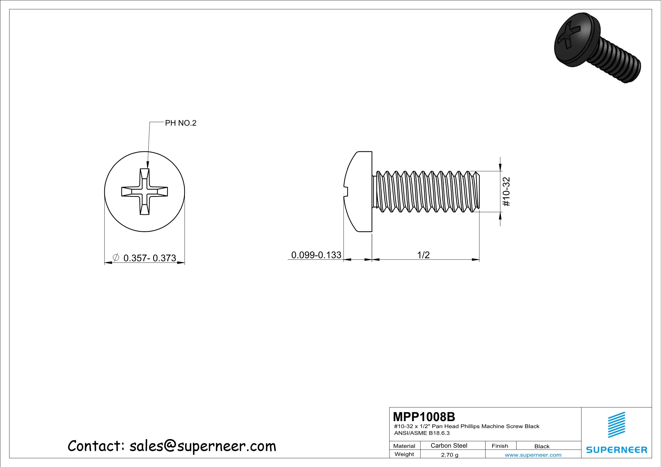 10-32 x 1/2" Pan Head Phillips Machine Screw Steel Black ANSI/ASME B18.6.3