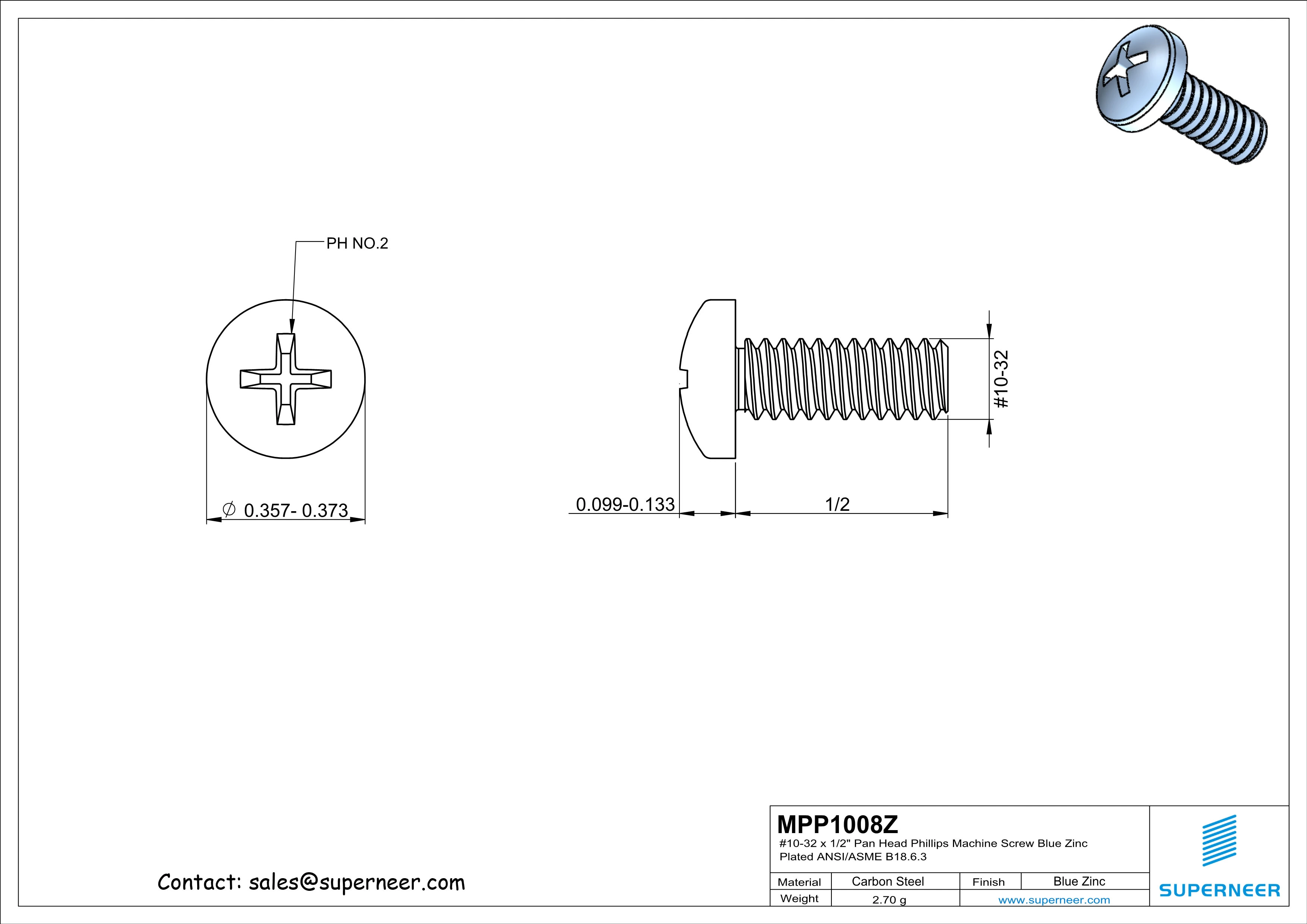 10-32 x 1/2" Pan Head Phillips Machine Screw Steel Blue Zinc Plated ANSI/ASME B18.6.3