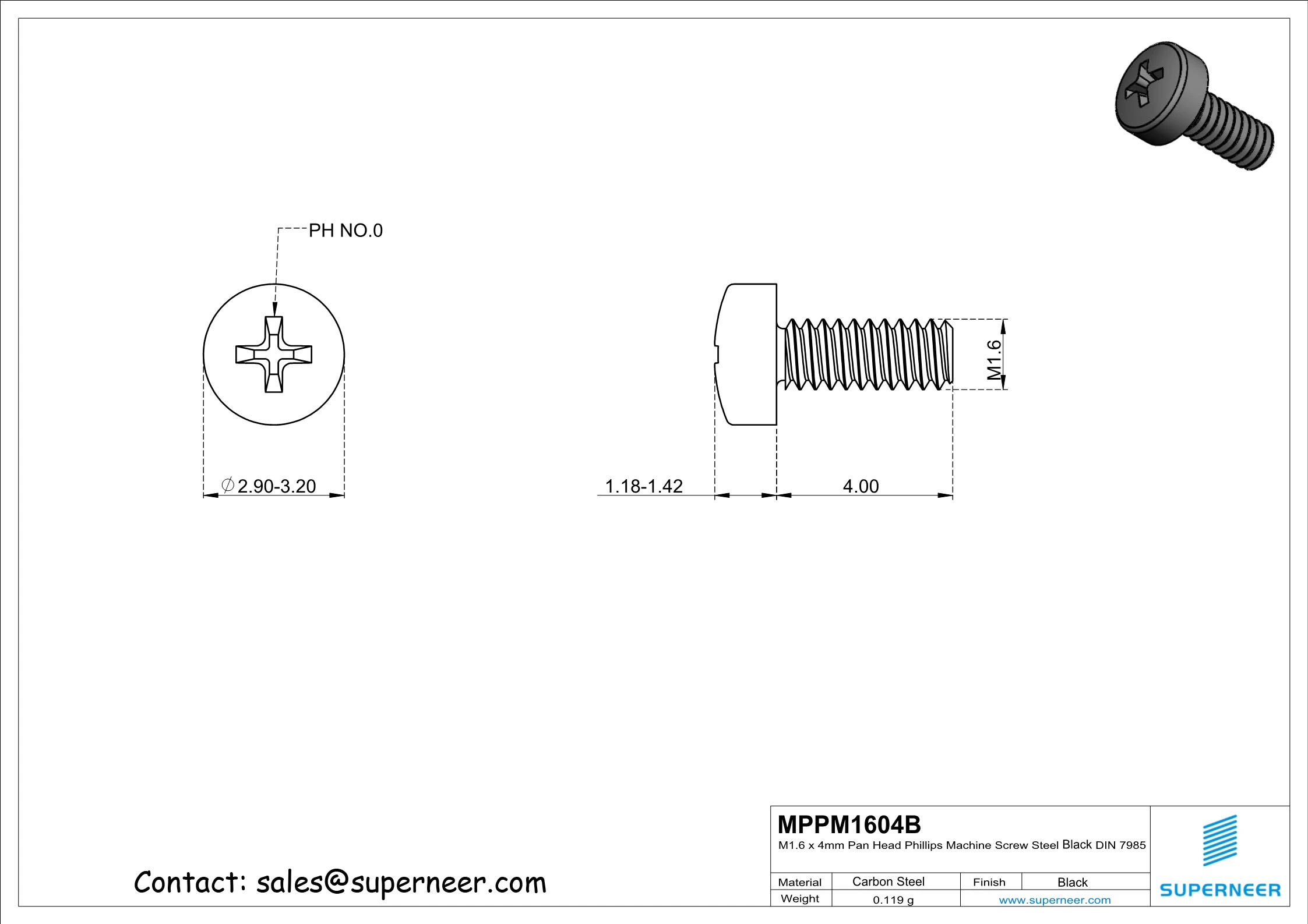 M1.6 x 4mm Pan Head Phillips Machine Screw Steel Black DIN 7985