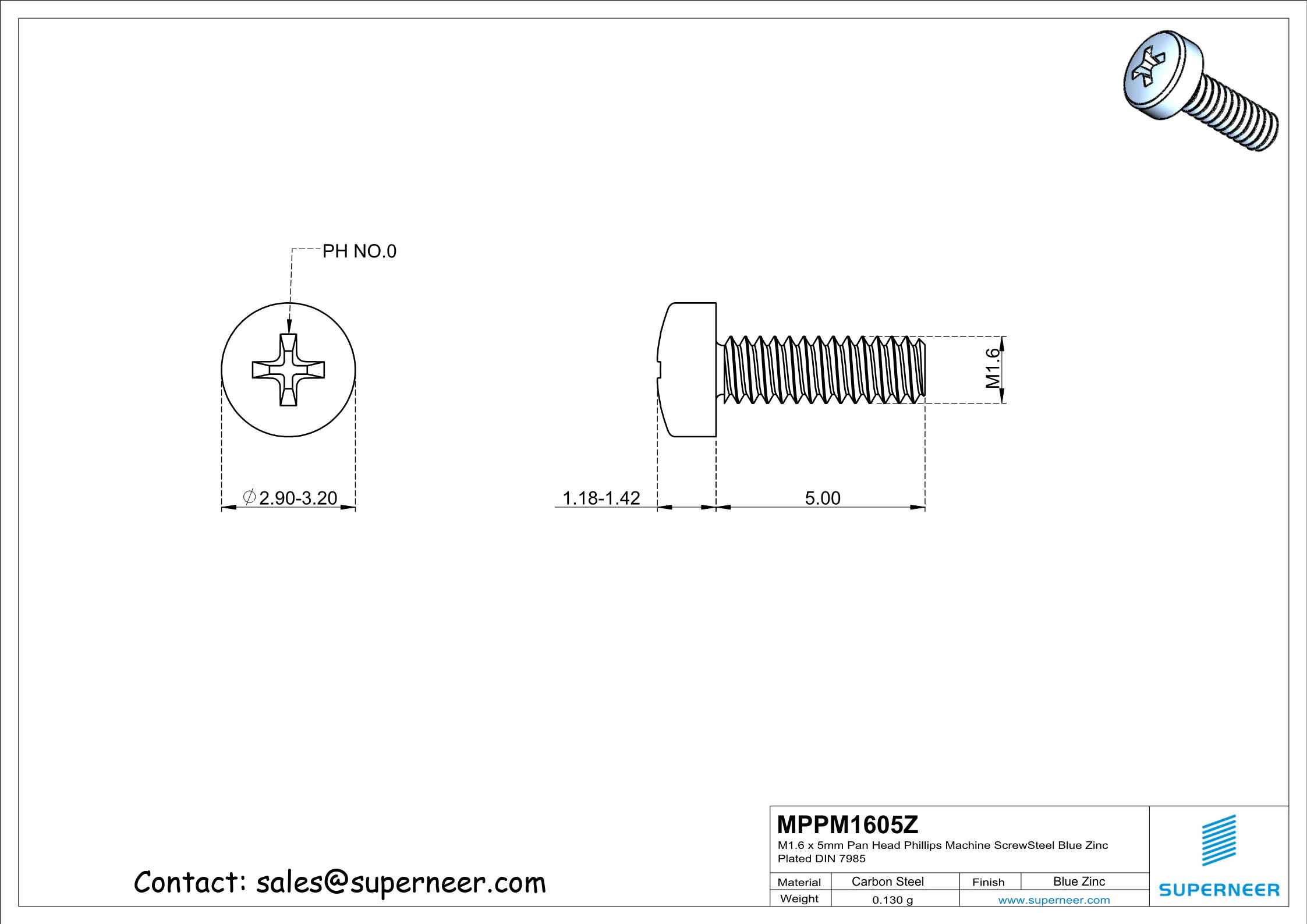 M1.6 x 5mm Pan Head Phillips Machine Screw Steel Blue Zinc Plated DIN 7985