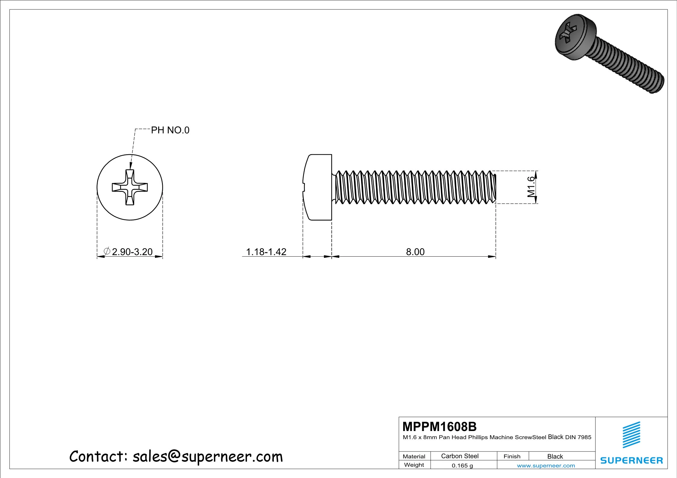 M1.6 x 8mm Pan Head Phillips Machine Screw Steel Black DIN 7985