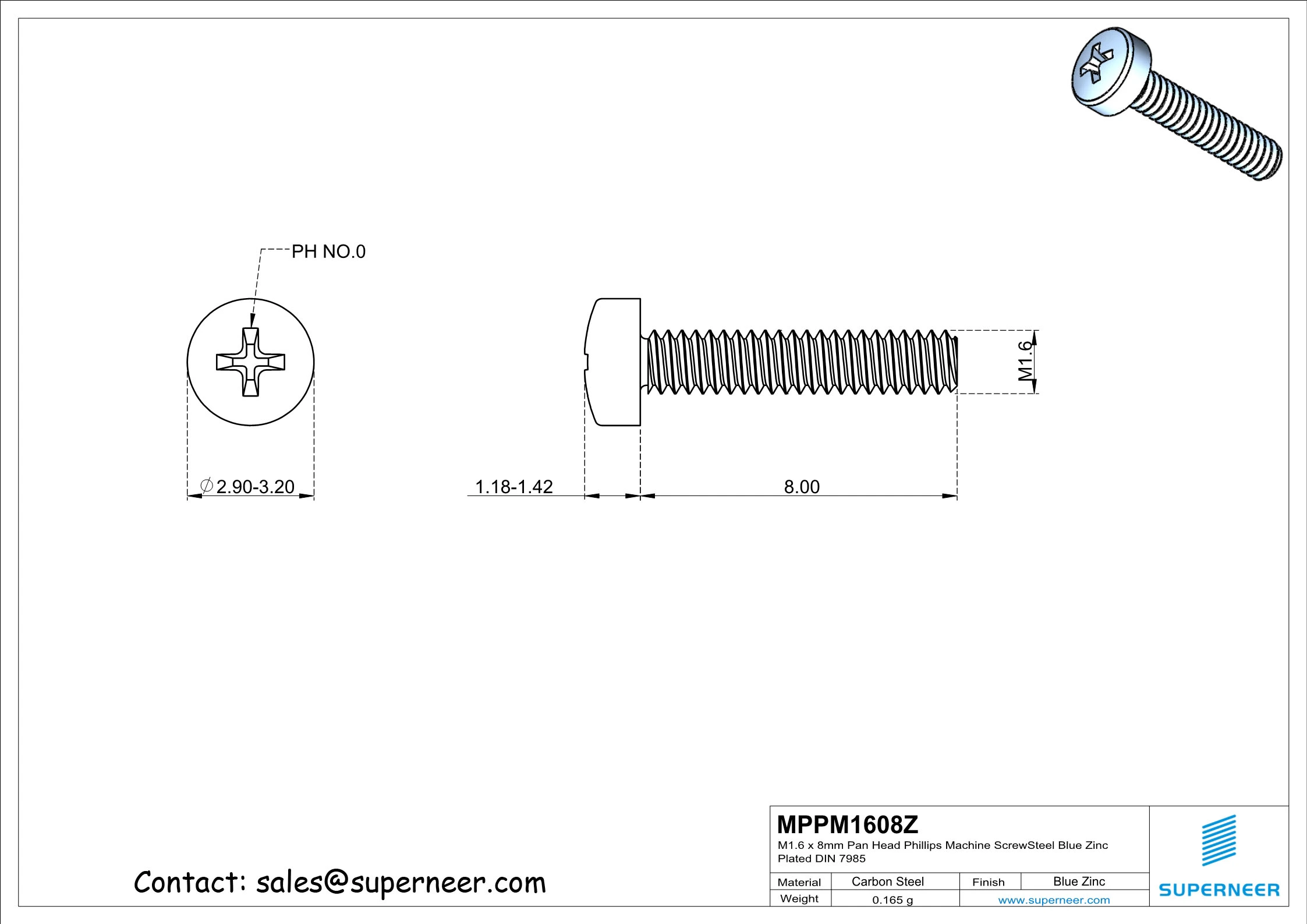 M1.6 x 8mm Pan Head Phillips Machine Screw Steel Blue Zinc Plated DIN 7985