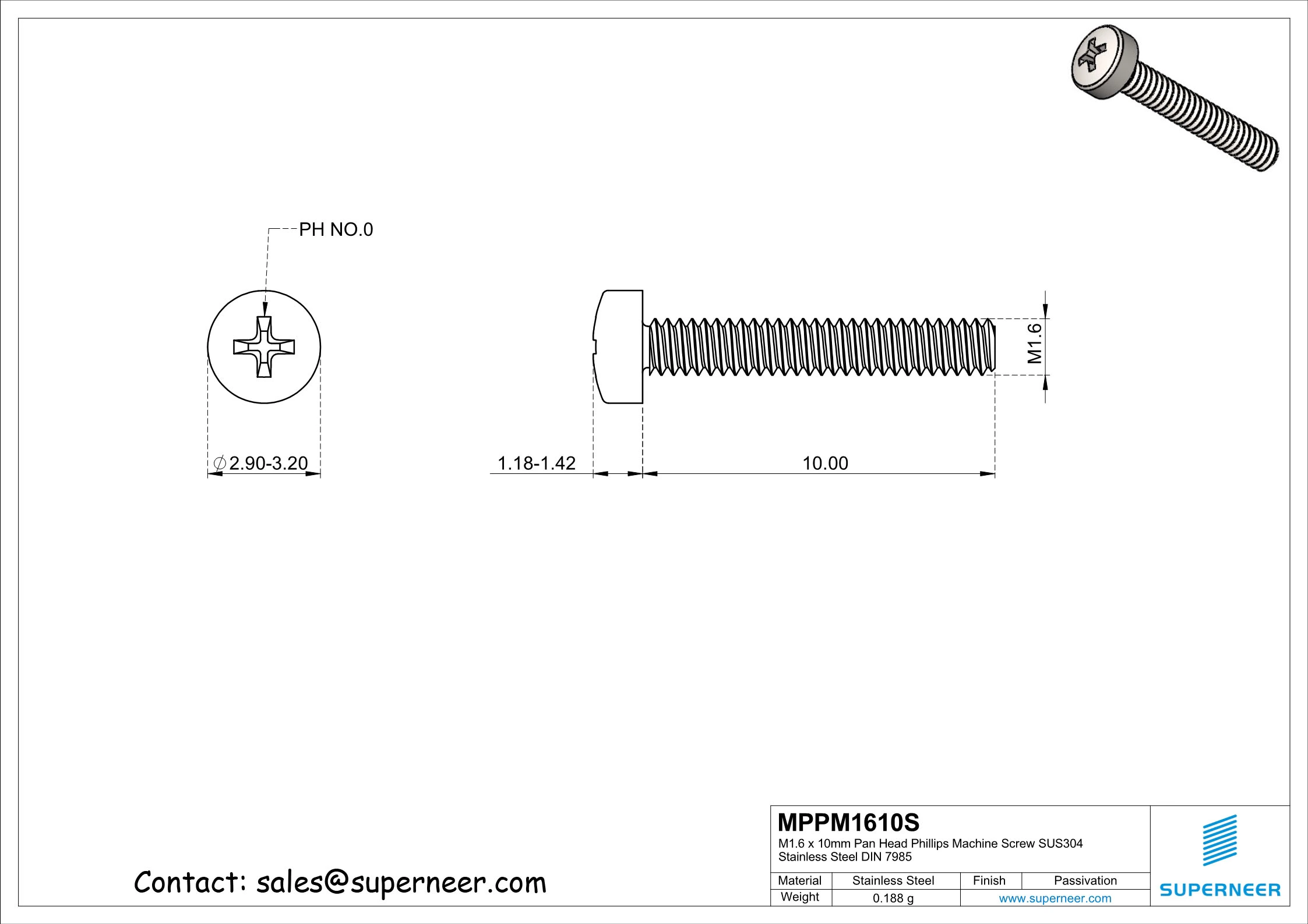 M1.6 x  10mm  Pan Head Phillips Machine Screw SUS304 Stainless Steel Inox DIN 7985