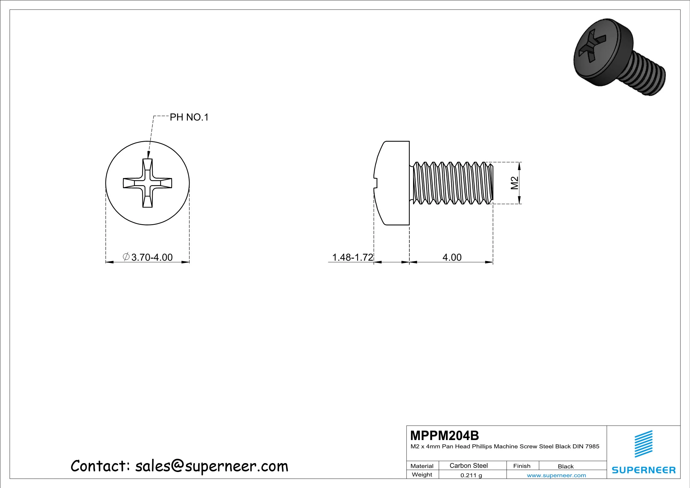 M2 x 4 mm Pan Head Phillips Machine Screw Steel Black DIN 7985