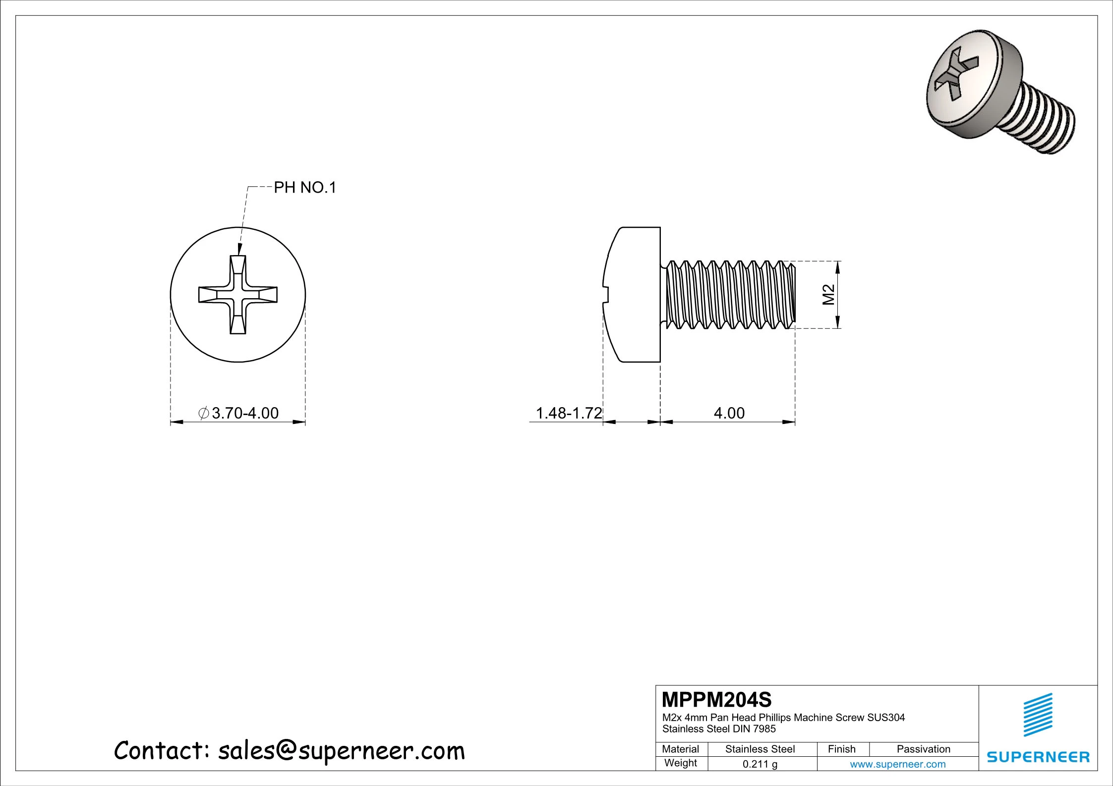 M2 x 4 mm  Pan Head Phillips Machine Screw SUS304 Stainless Steel Inox DIN 7985