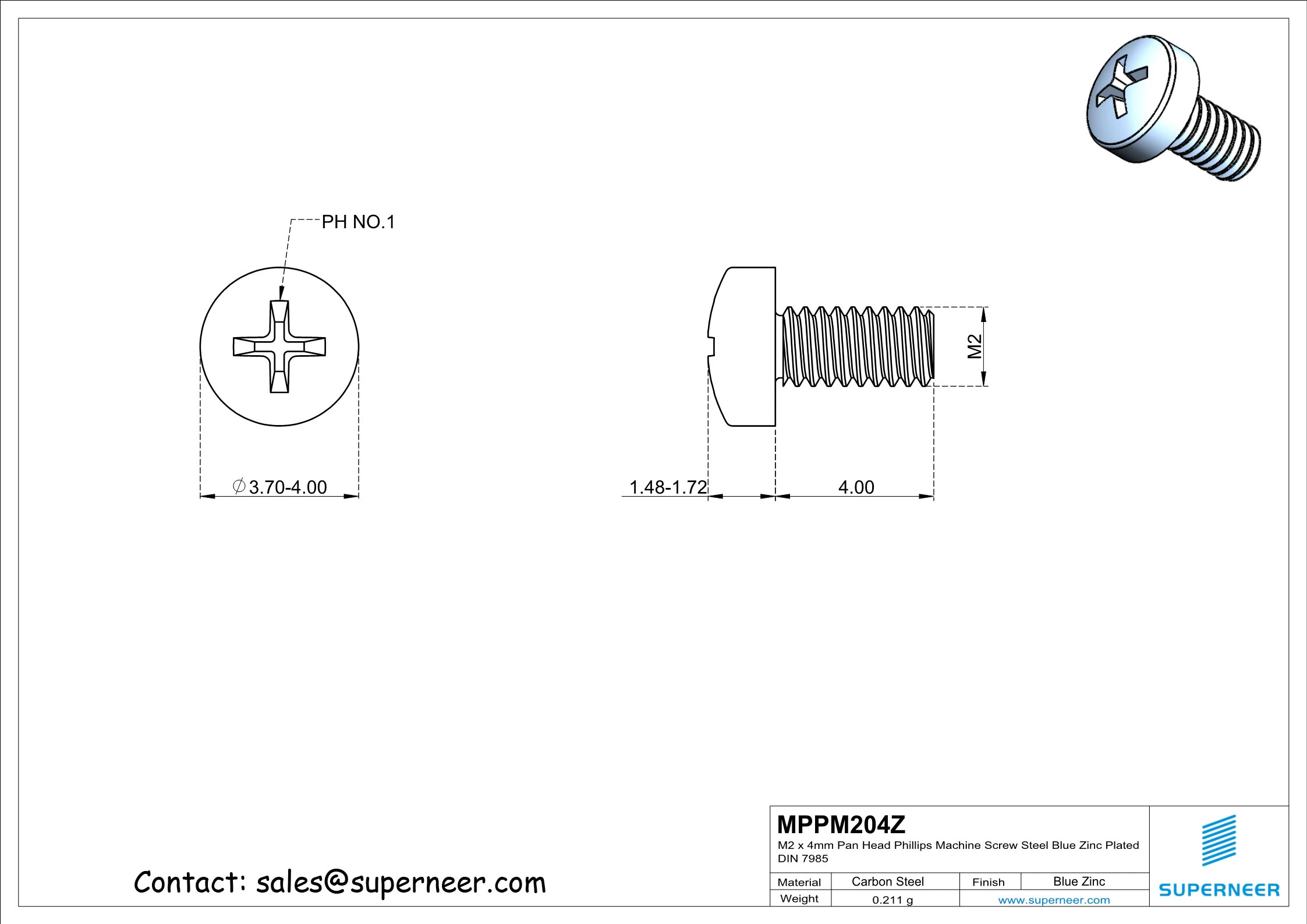 M2 x 4 mm Pan Head Phillips Machine Screw Steel Blue Zinc Plated DIN 7985