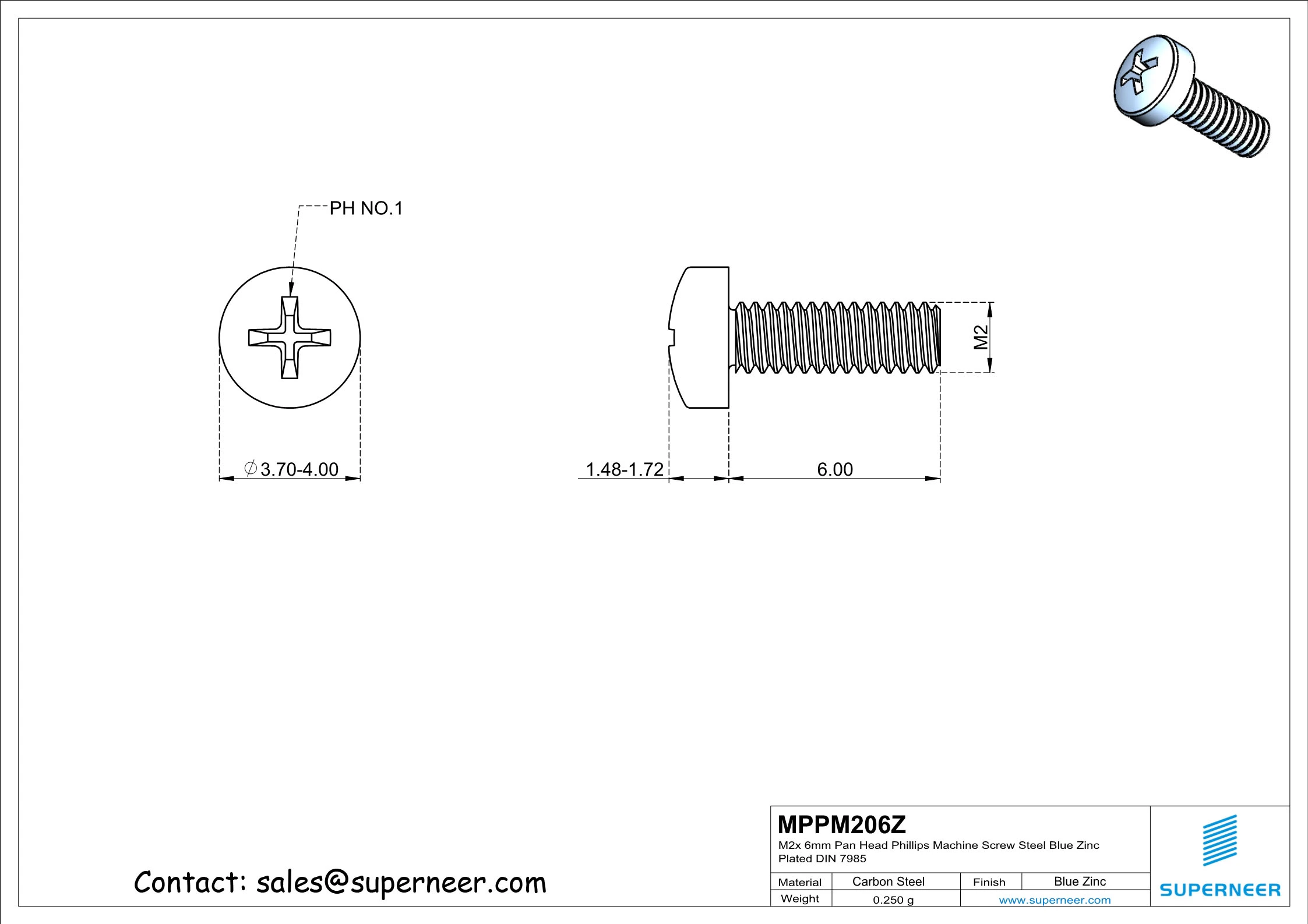 M2 x 6 mm Pan Head Phillips Machine Screw Steel Blue Zinc Plated DIN 7985