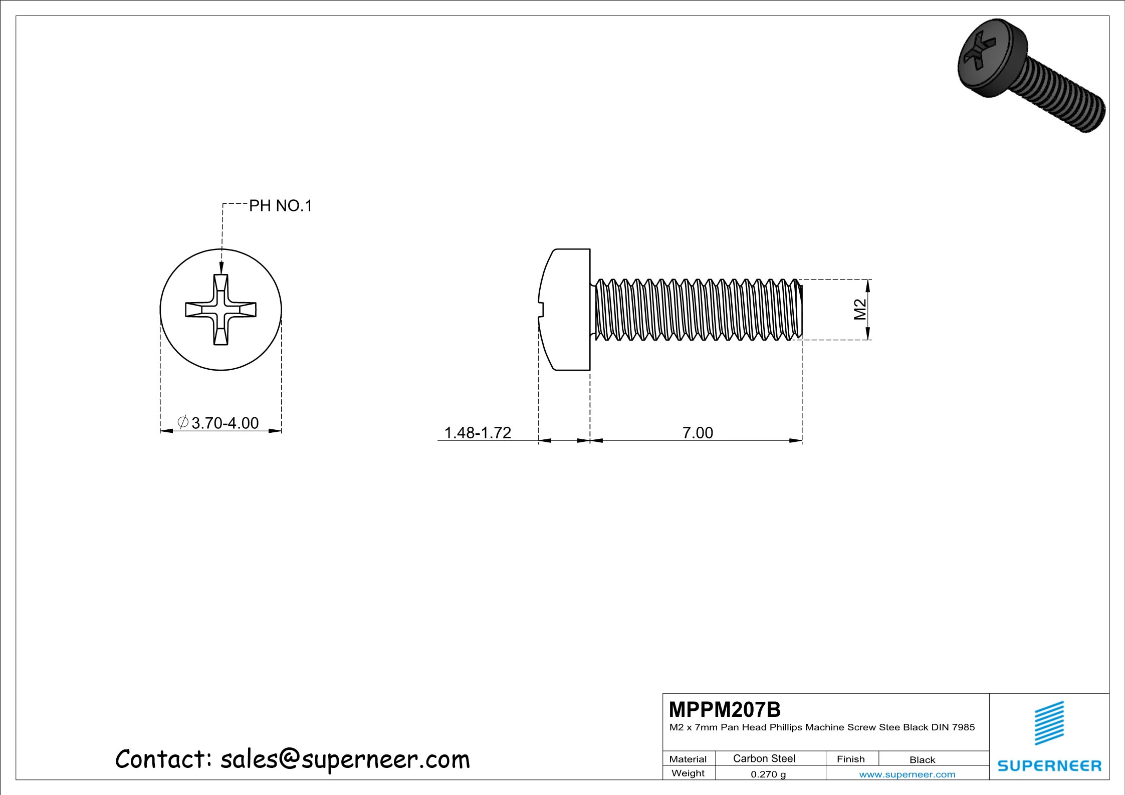 M2 x 7 mm Pan Head Phillips Machine Screw Steel Black DIN 7985