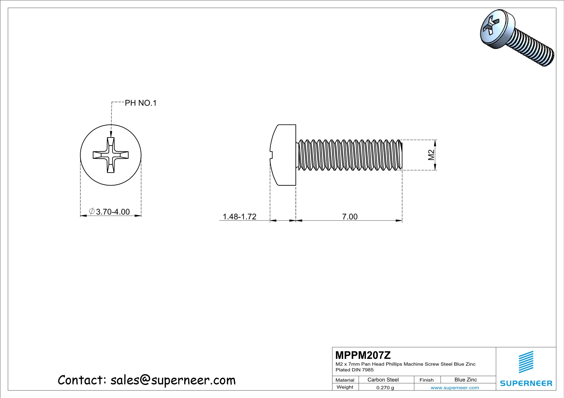 M2 x 7 mm Pan Head Phillips Machine Screw Steel Blue Zinc Plated DIN 7985