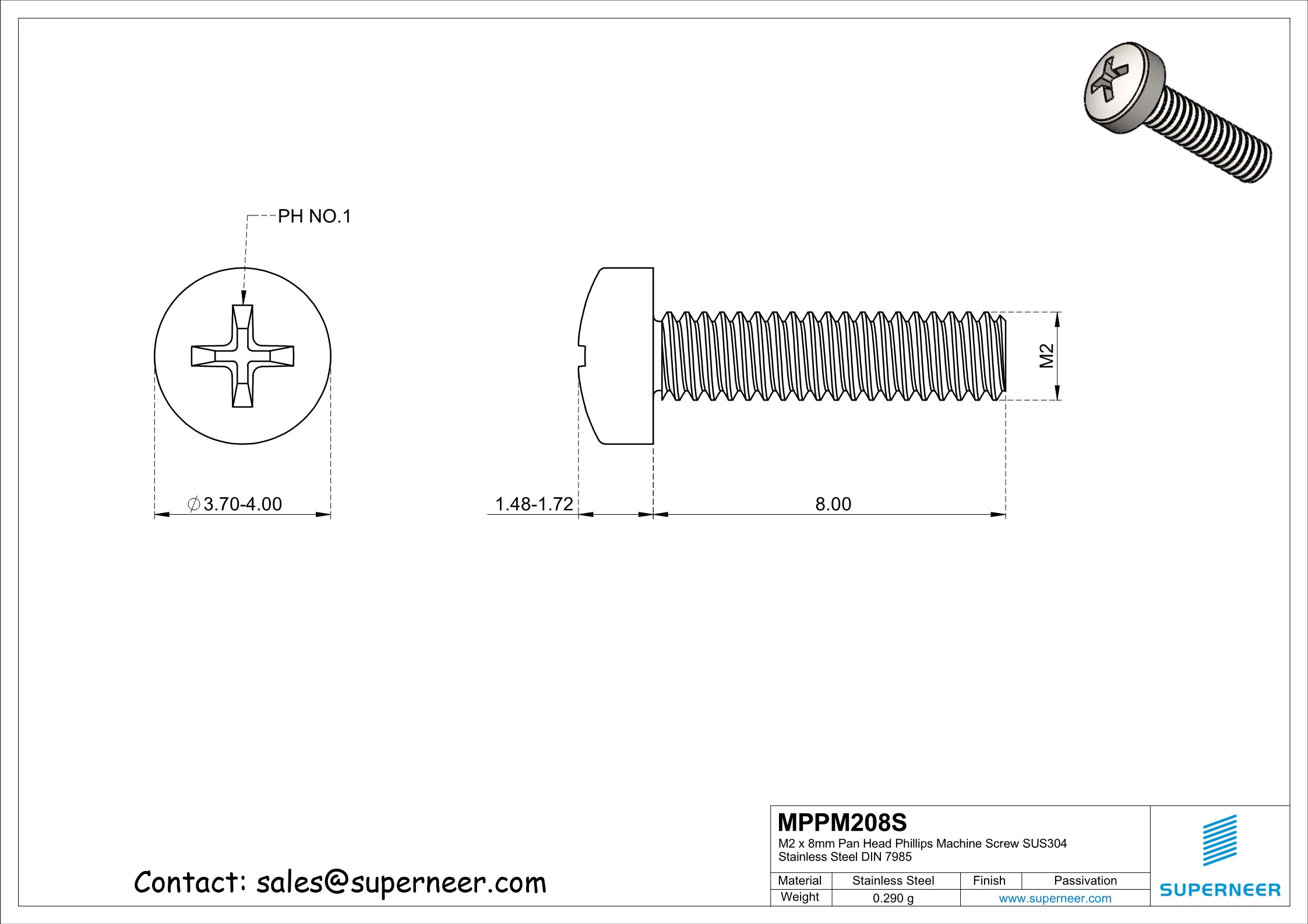 M2 x 8 mm  Pan Head Phillips Machine Screw SUS304 Stainless Steel Inox DIN 7985