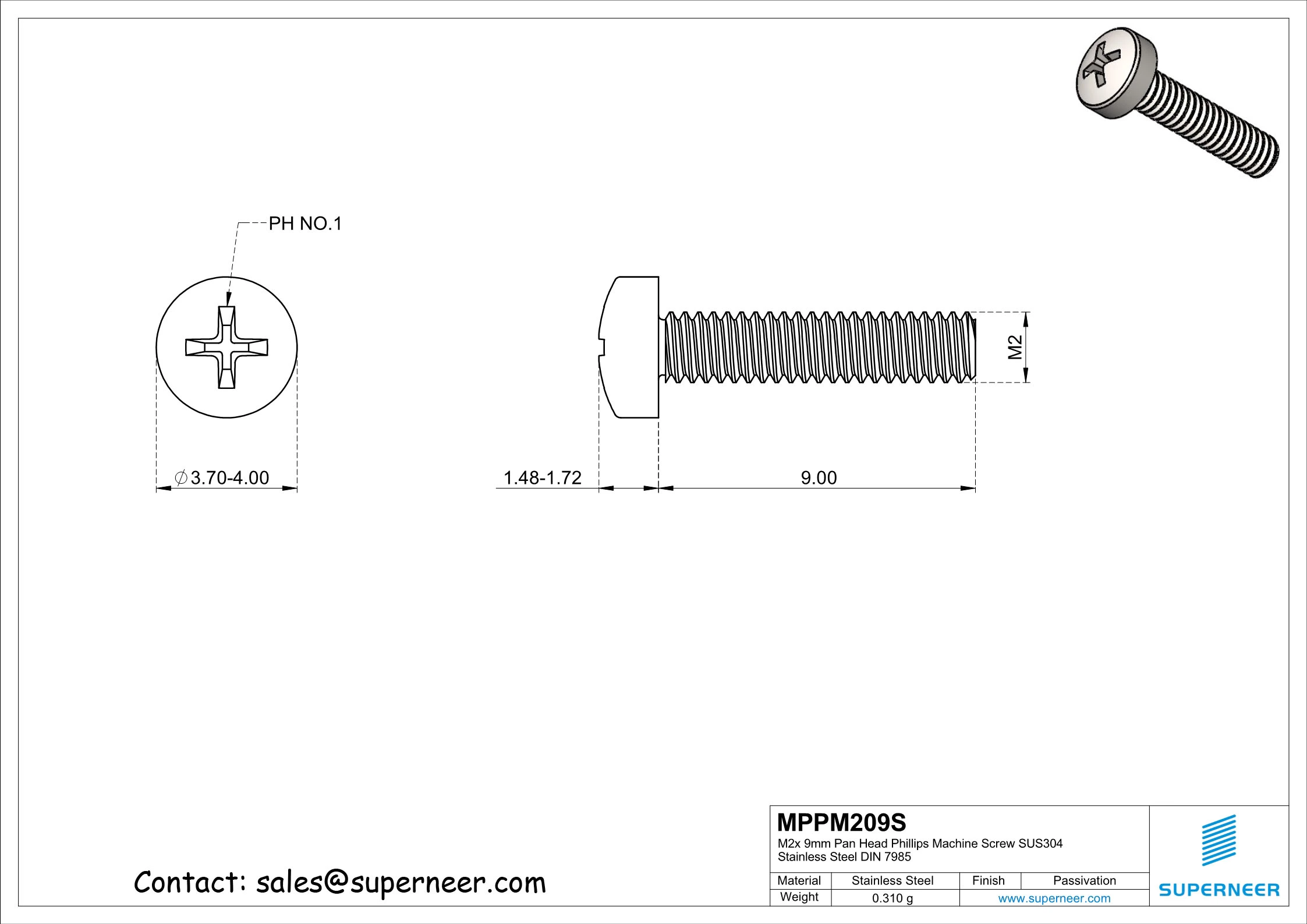 M2 x 9 mm  Pan Head Phillips Machine Screw SUS304 Stainless Steel Inox DIN 7985