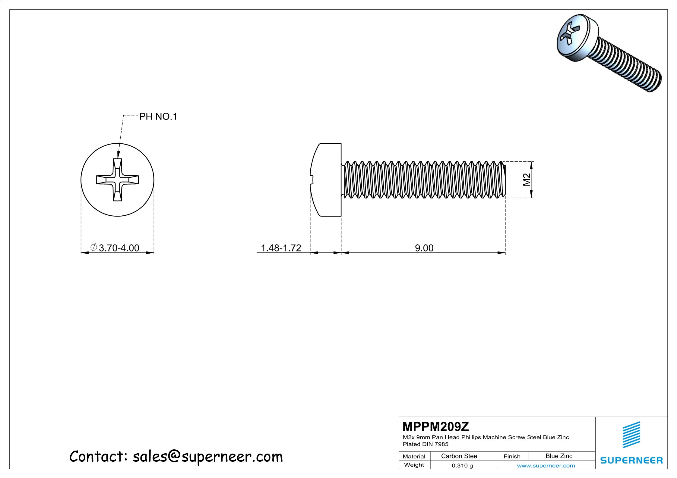 M2 x 9 mm Pan Head Phillips Machine Screw Steel Blue Zinc Plated DIN 7985