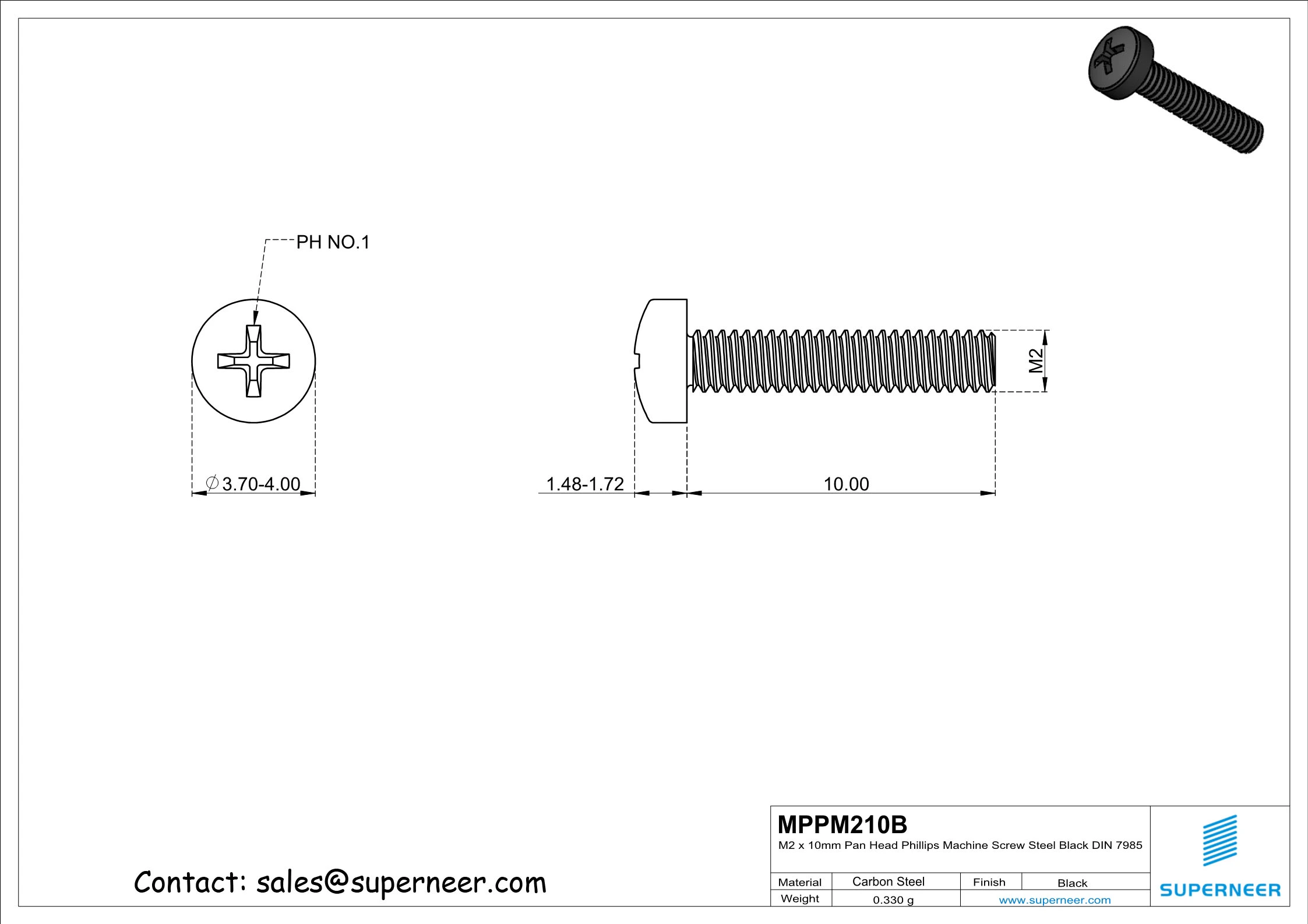 M2 x 10 mm Pan Head Phillips Machine Screw Steel Black DIN 7985